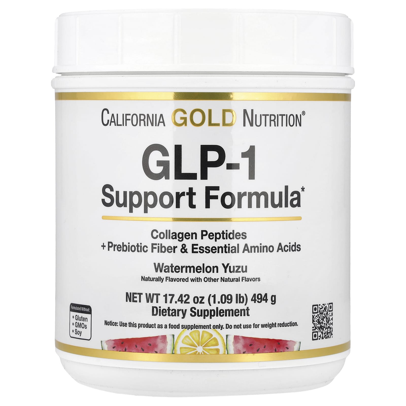 California Gold Nutrition GLP-1 Support Formula with Collagen Peptides, Prebiotic Fiber & Essential Amino Acids – Watermelon Yuzu – 494 g — Tunisie