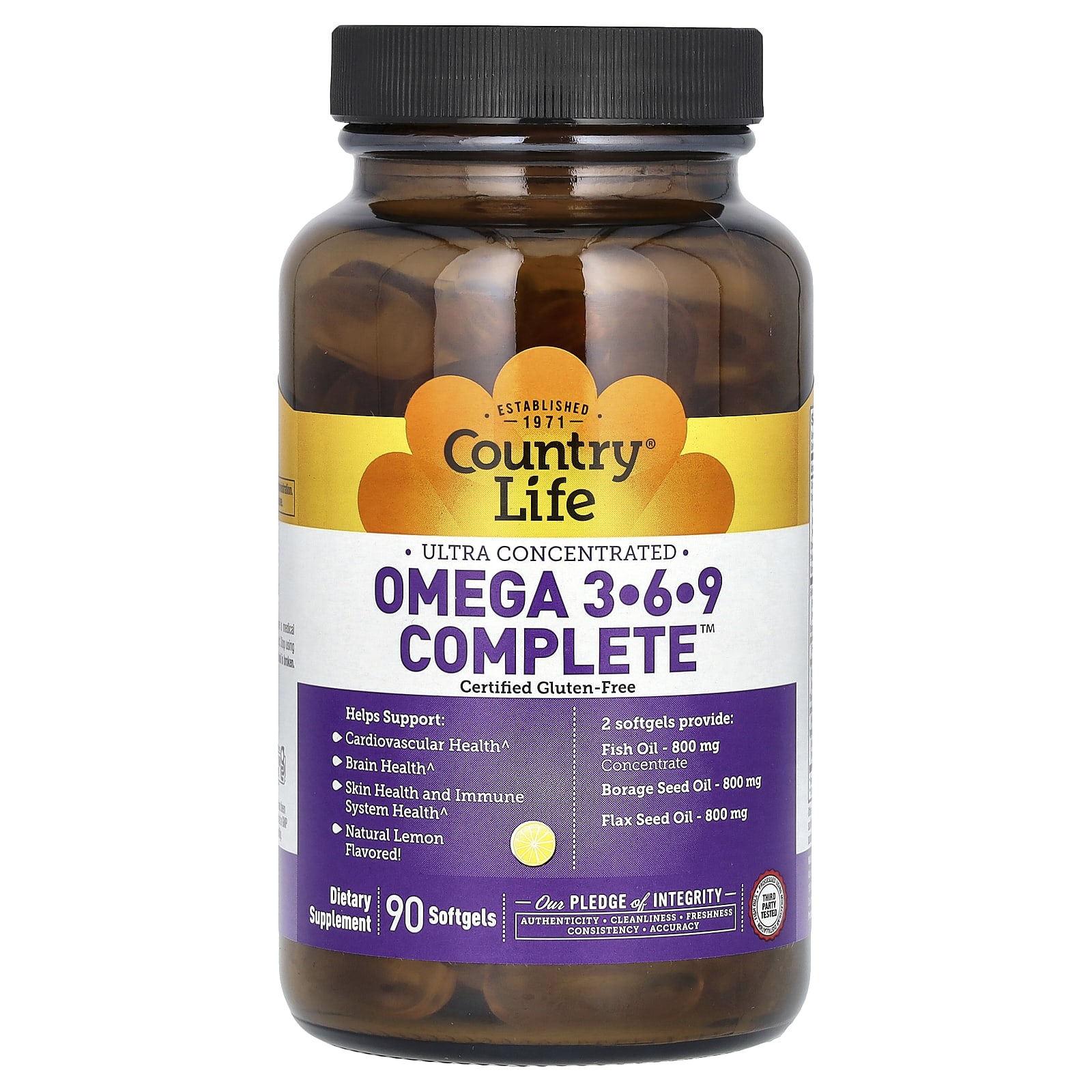 Country Life Ultra Concentrated Omega 3-6-9 Complete – Natural Lemon – 90 capsules molles — étiquette 1
