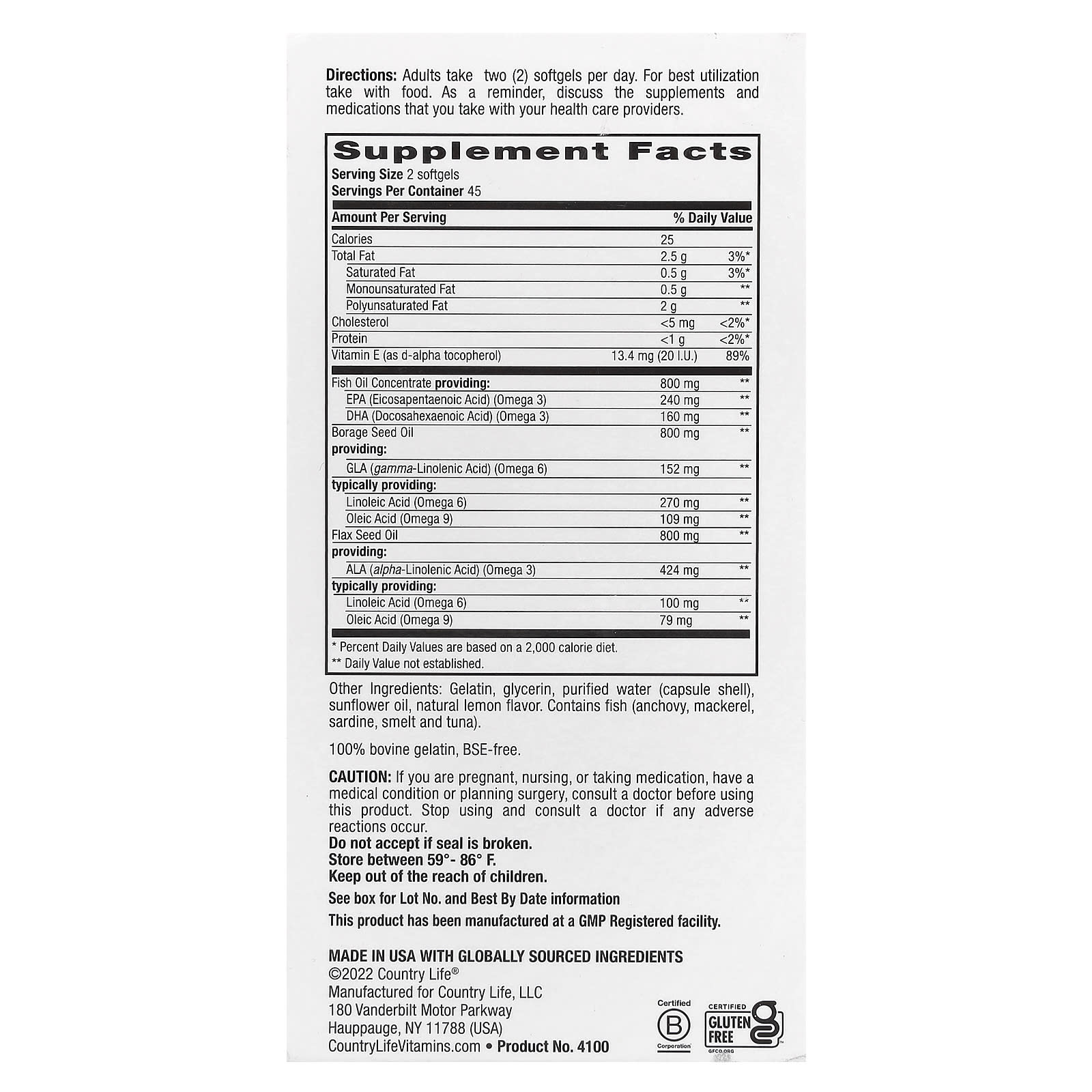 Country Life Ultra Concentrated Omega 3-6-9 Complete – Natural Lemon – 90 capsules molles — photo 2 sur 2