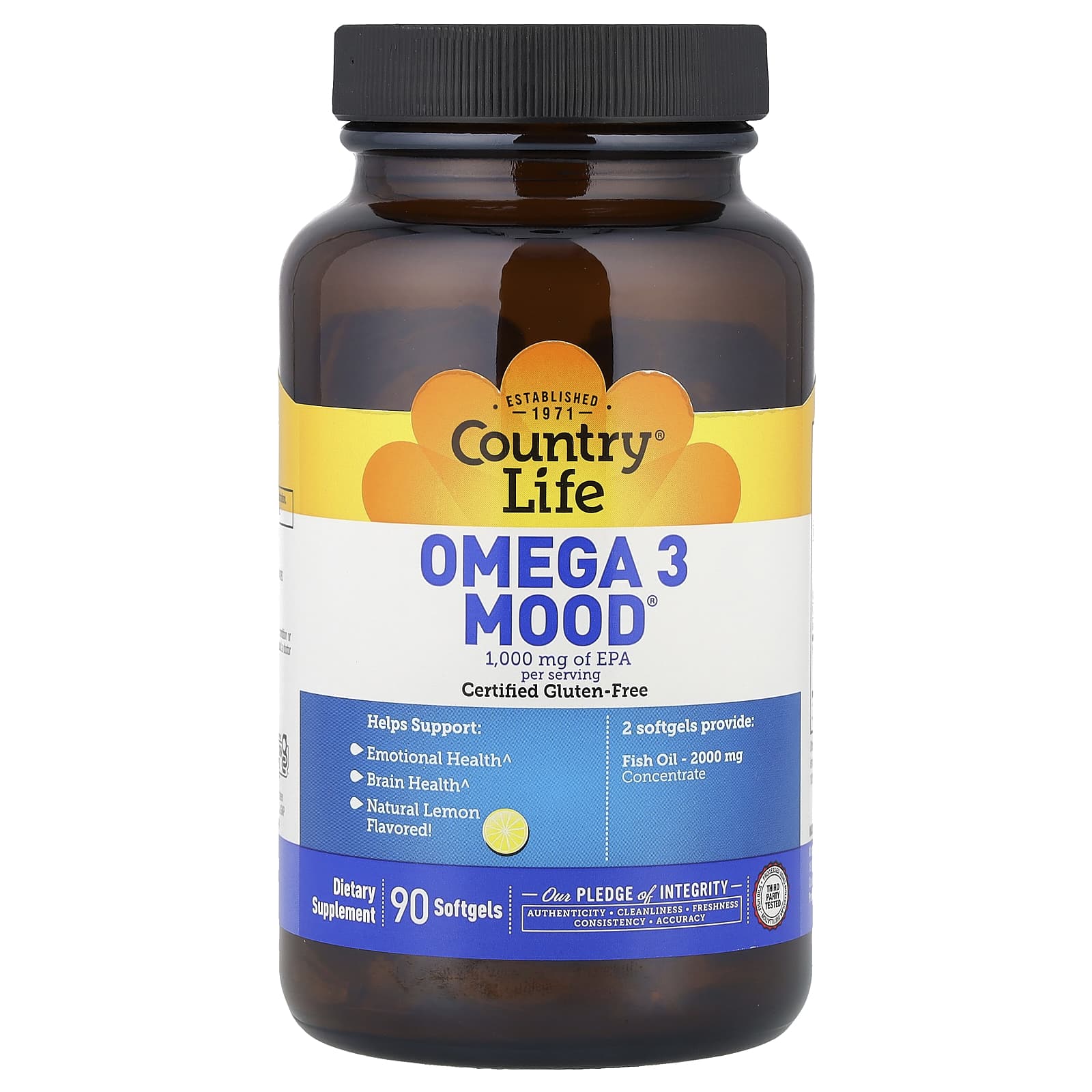 Country Life Omega 3 Mood – Natural Lemon – 90 capsules molles — étiquette 1