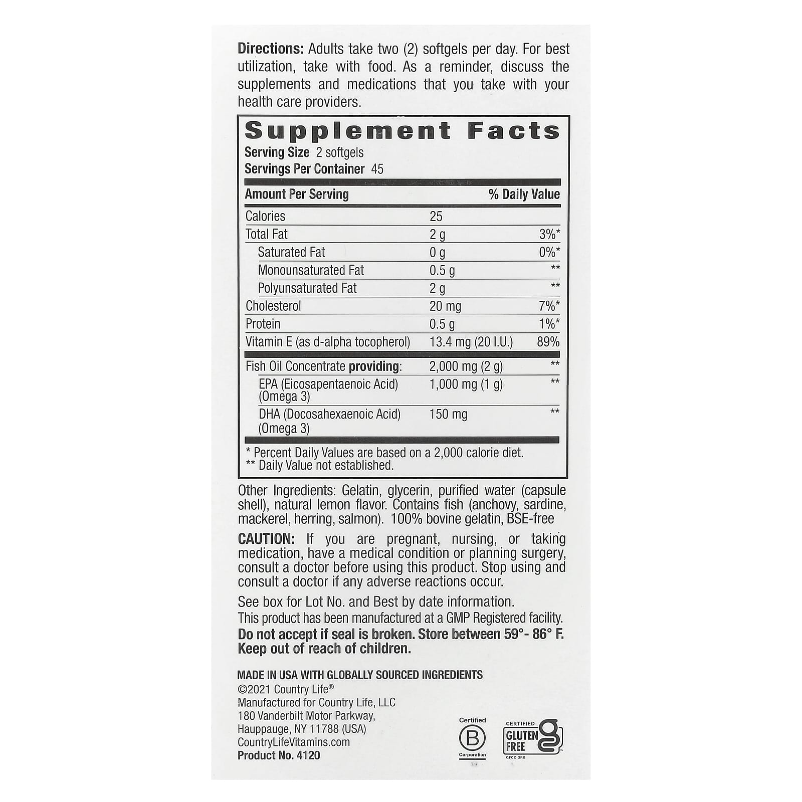 Country Life Omega 3 Mood – Natural Lemon – 90 capsules molles — photo 2 sur 2
