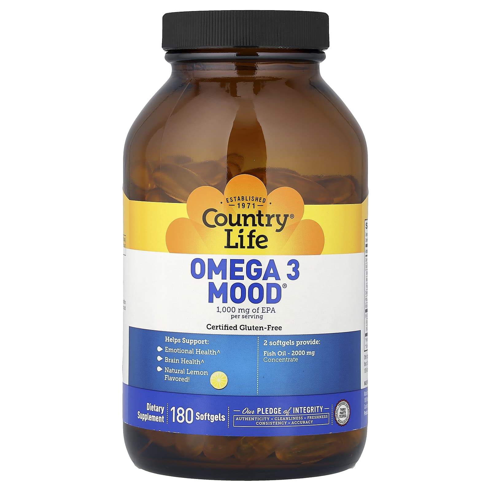 Country Life Omega 3 Mood – Natural Lemon – 180 capsules molles — étiquette 1