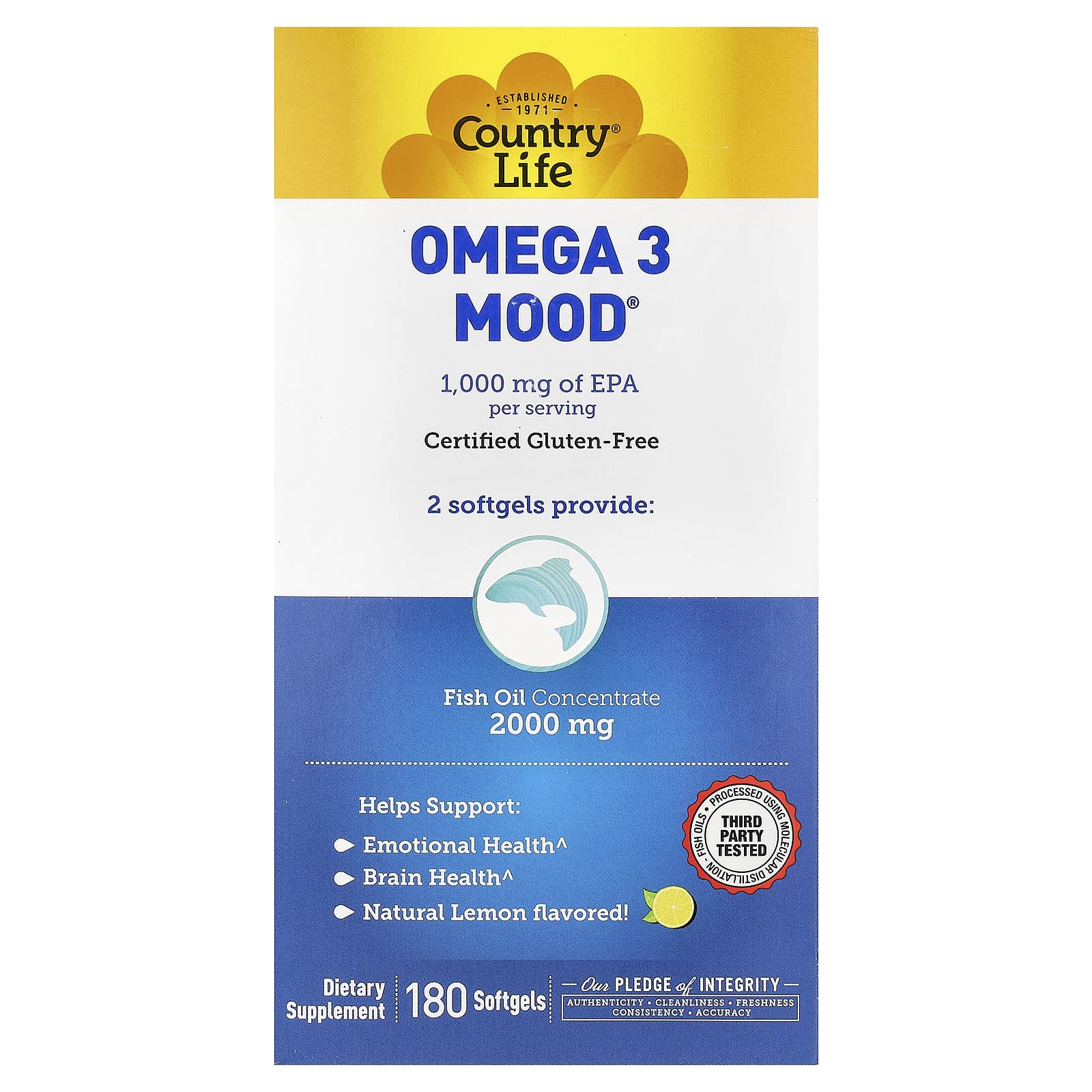 Country Life Omega 3 Mood – Natural Lemon – 180 capsules molles — Tunisie
