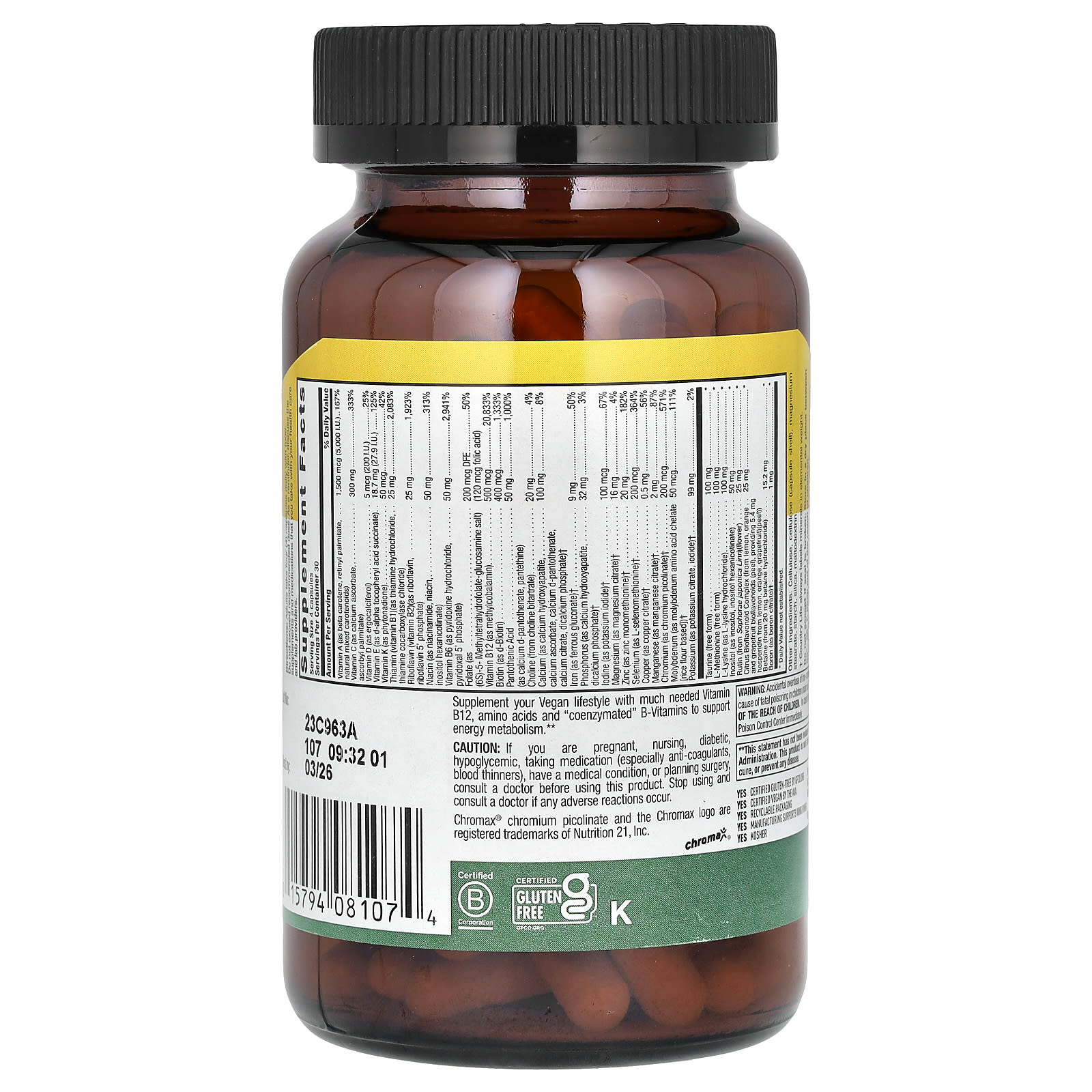 Country Life Max for Vegans, Multivitamin & Mineral Complex – 120 gélules véganes — photo 2 sur 2