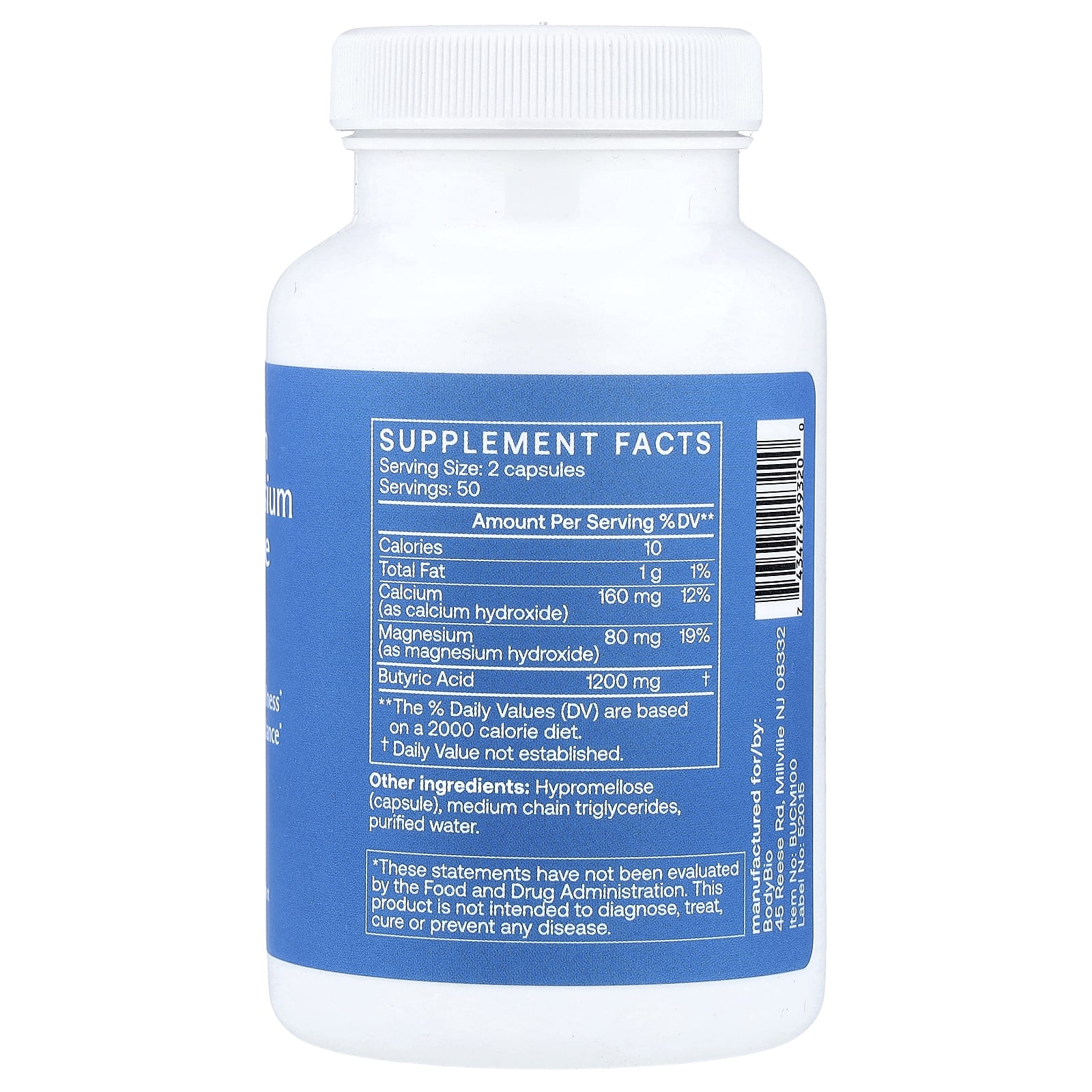 BodyBio Calcium Magnesium Butyrate – 100 gélules — photo 2 sur 2