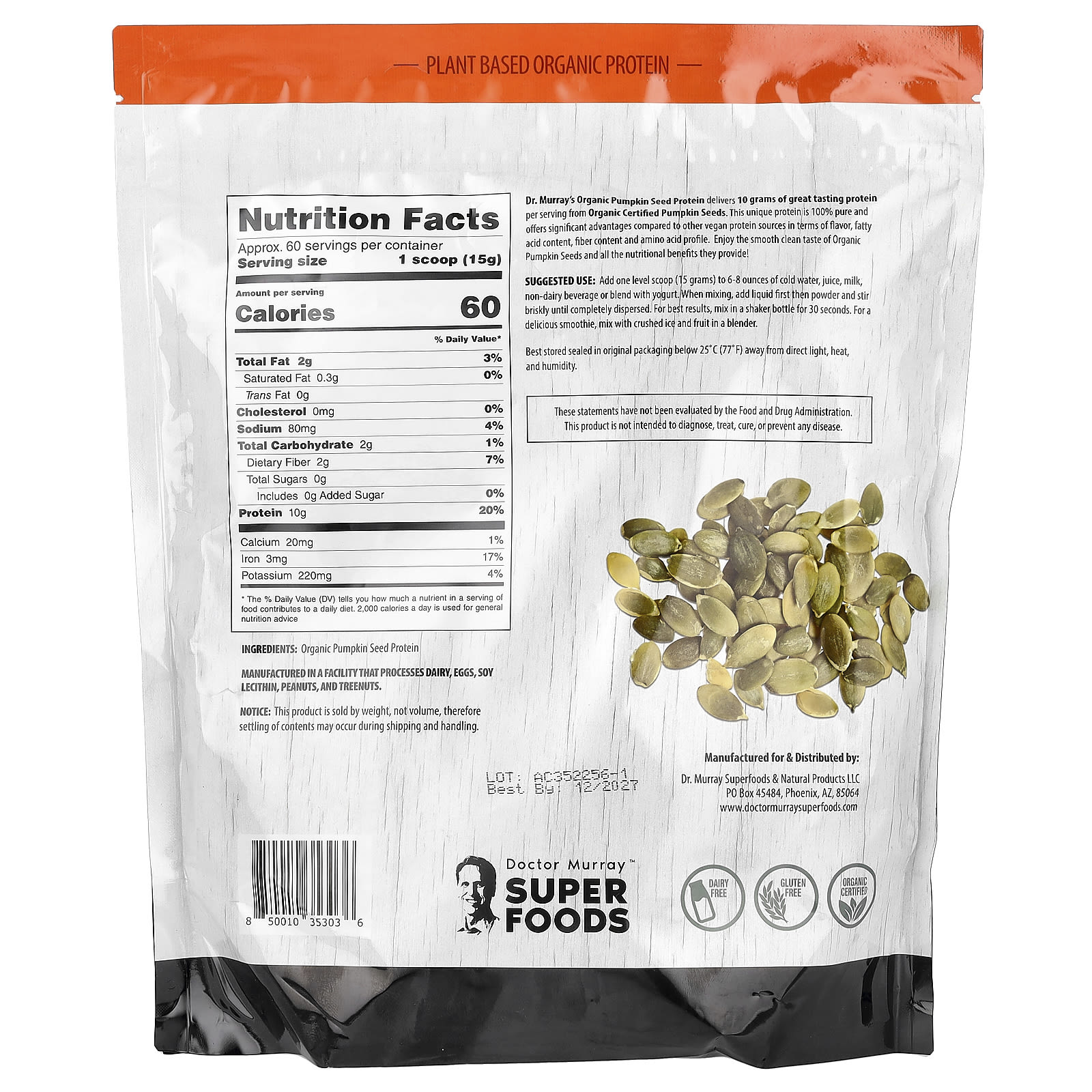 Dr. Murray's Super Foods, Organic Pumpkin Seed Protein Powder – 908 g — photo 2 sur 2