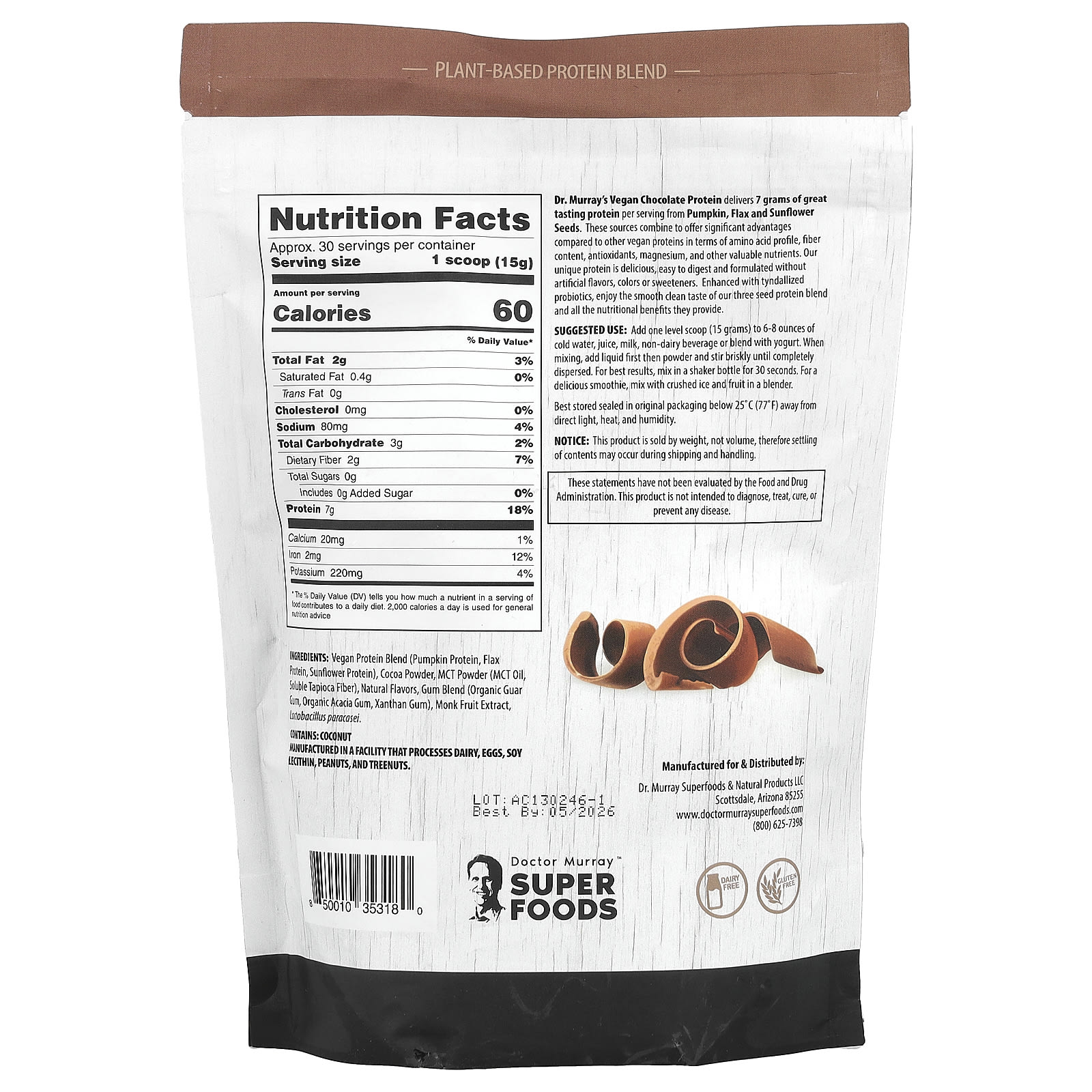 Dr. Murray's Super Foods, Pumpkin + Flax + Sunflower – Chocolate – 453,5 g — photo 2 sur 2