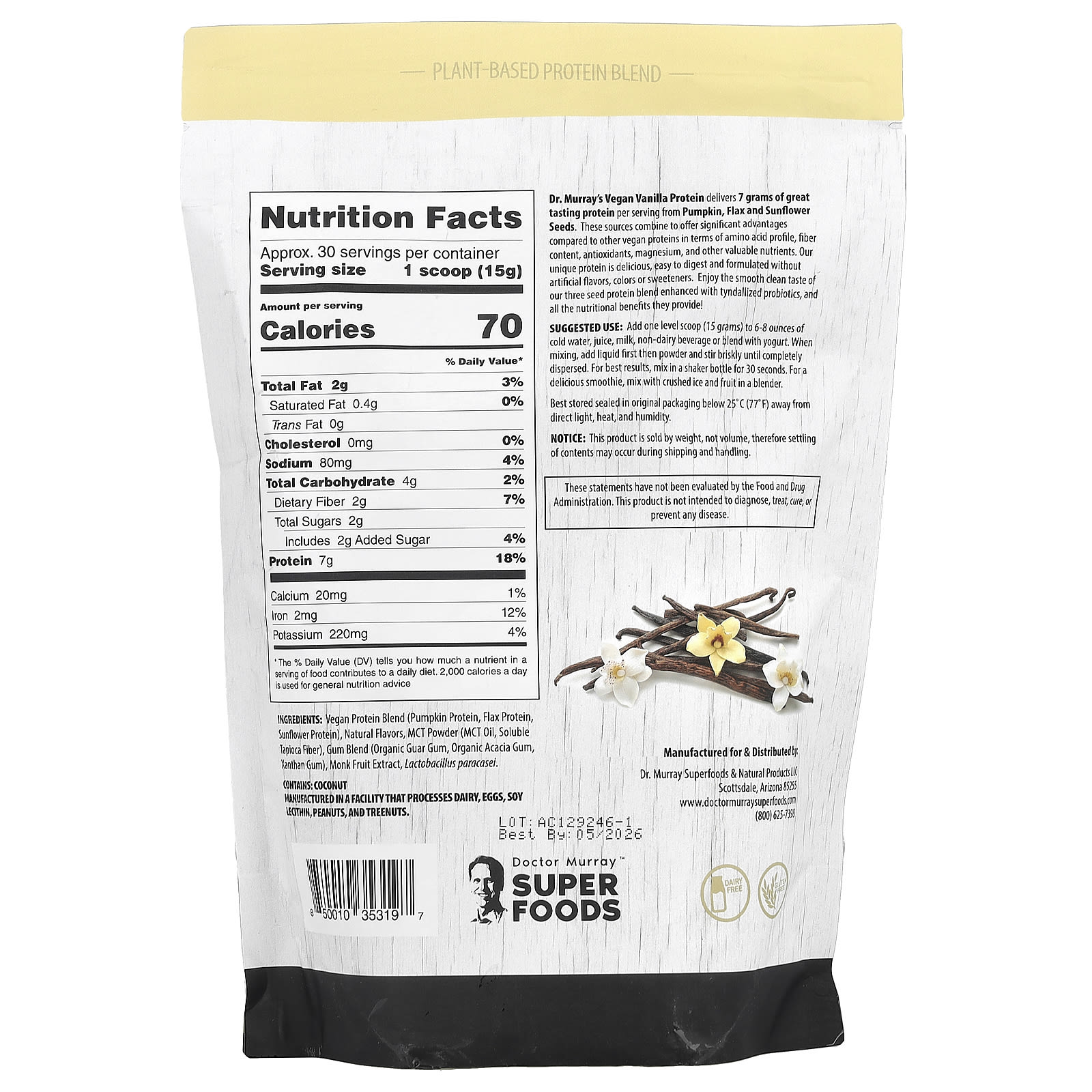 Dr. Murray's Super Foods, Pumpkin + Flax + Sunflower – Vanilla – 453,5 g — photo 2 sur 2