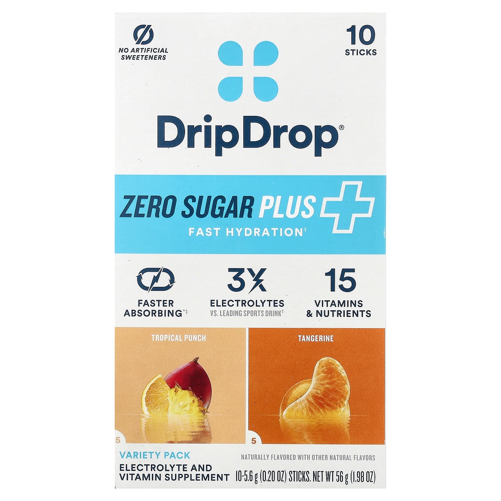 DripDrop Electrolyte and Vitamin Drink Mix, Zero Sugar Plus+ – Tropical Punch & Tangerine – 5,6 g — Tunisie