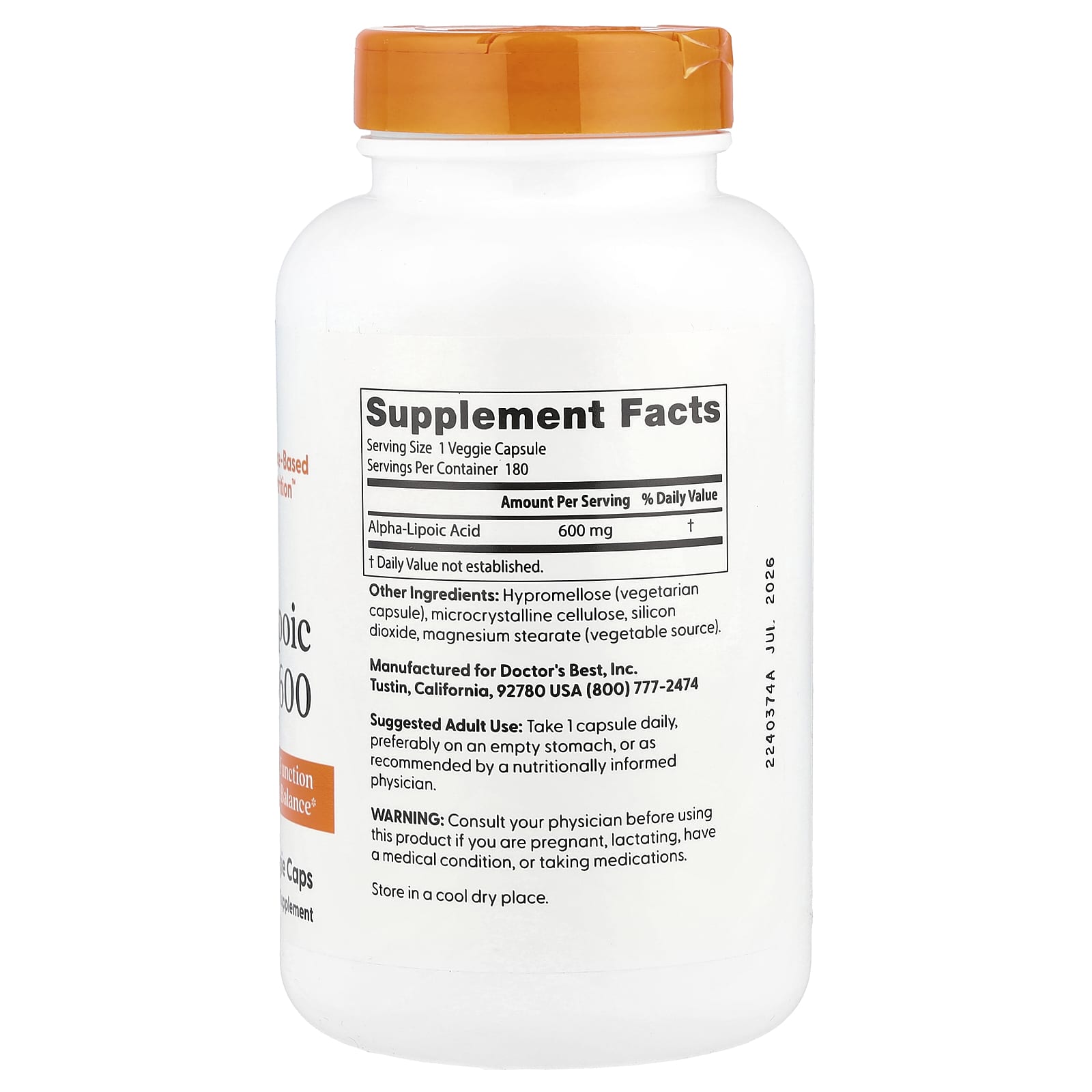 Doctor's Best Alpha-Lipoic Acid 600 – 180 gélules végétales — photo 2 sur 2
