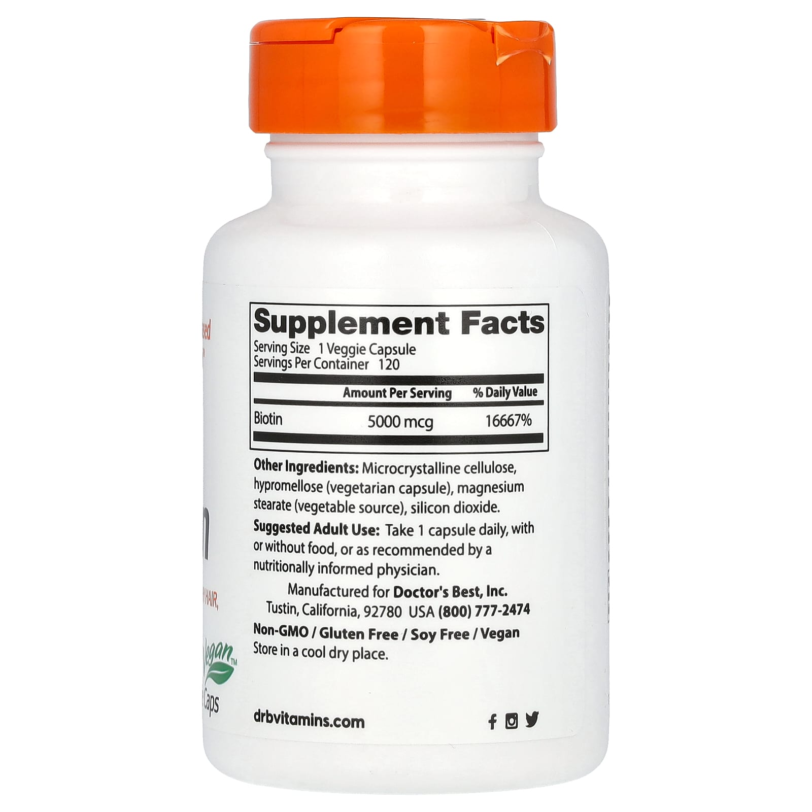Doctor's Best Biotin – 5 000 µg – 120 gélules végétales — photo 2 sur 2