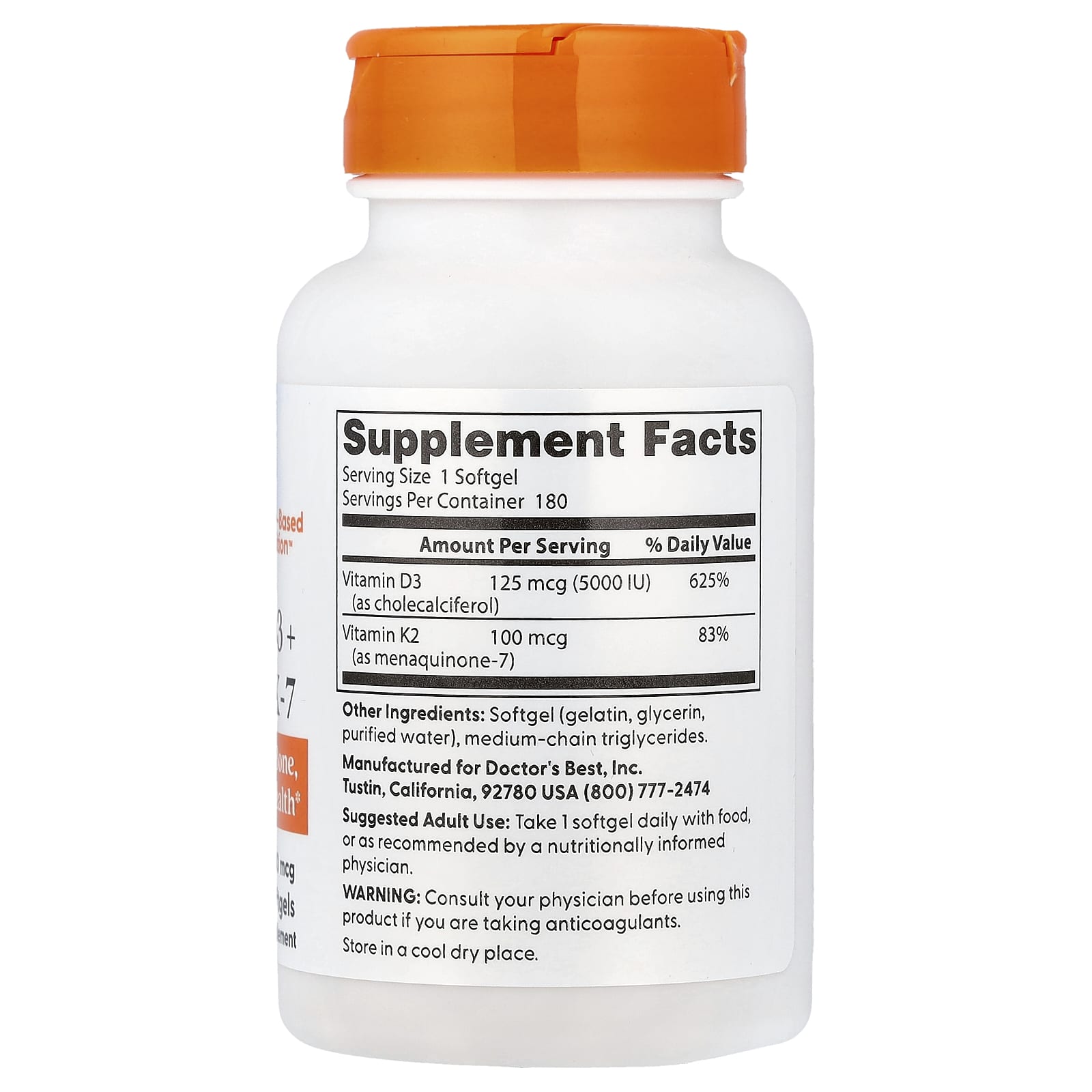 Doctor's Best Vitamin D3 + K2 MK-7 – 180 capsules molles — photo 2 sur 2