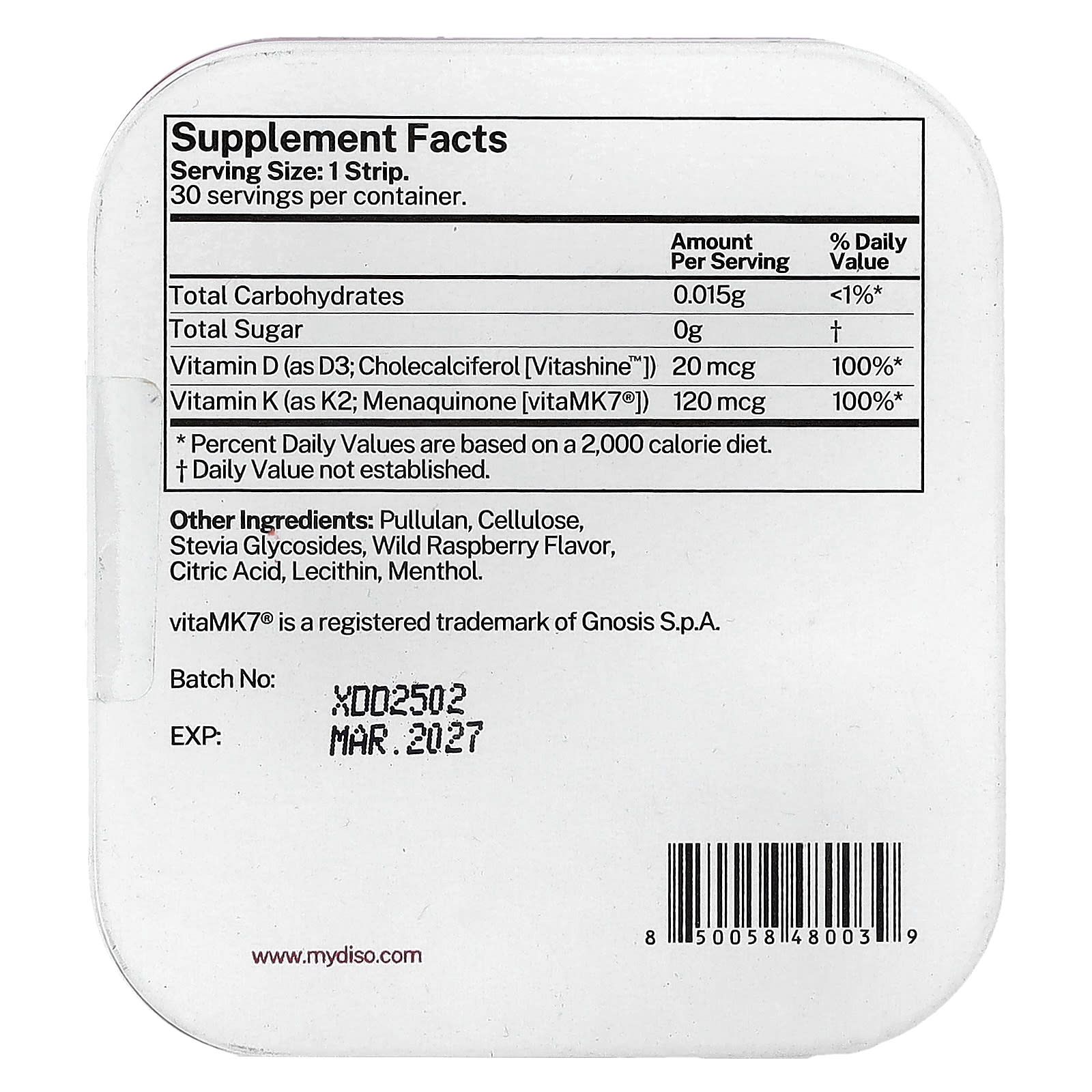 Diso Vitamin D3 + K2, 30 Oral Strips – Wild Raspberry — photo 2 sur 2