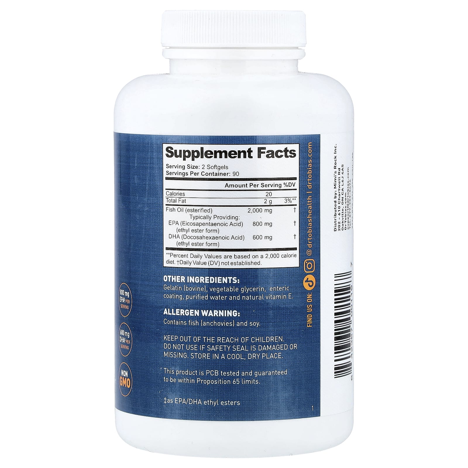 Dr. Tobias Omega 3 Fish Oil, Triple Strength – 180 capsules molles — photo 2 sur 2