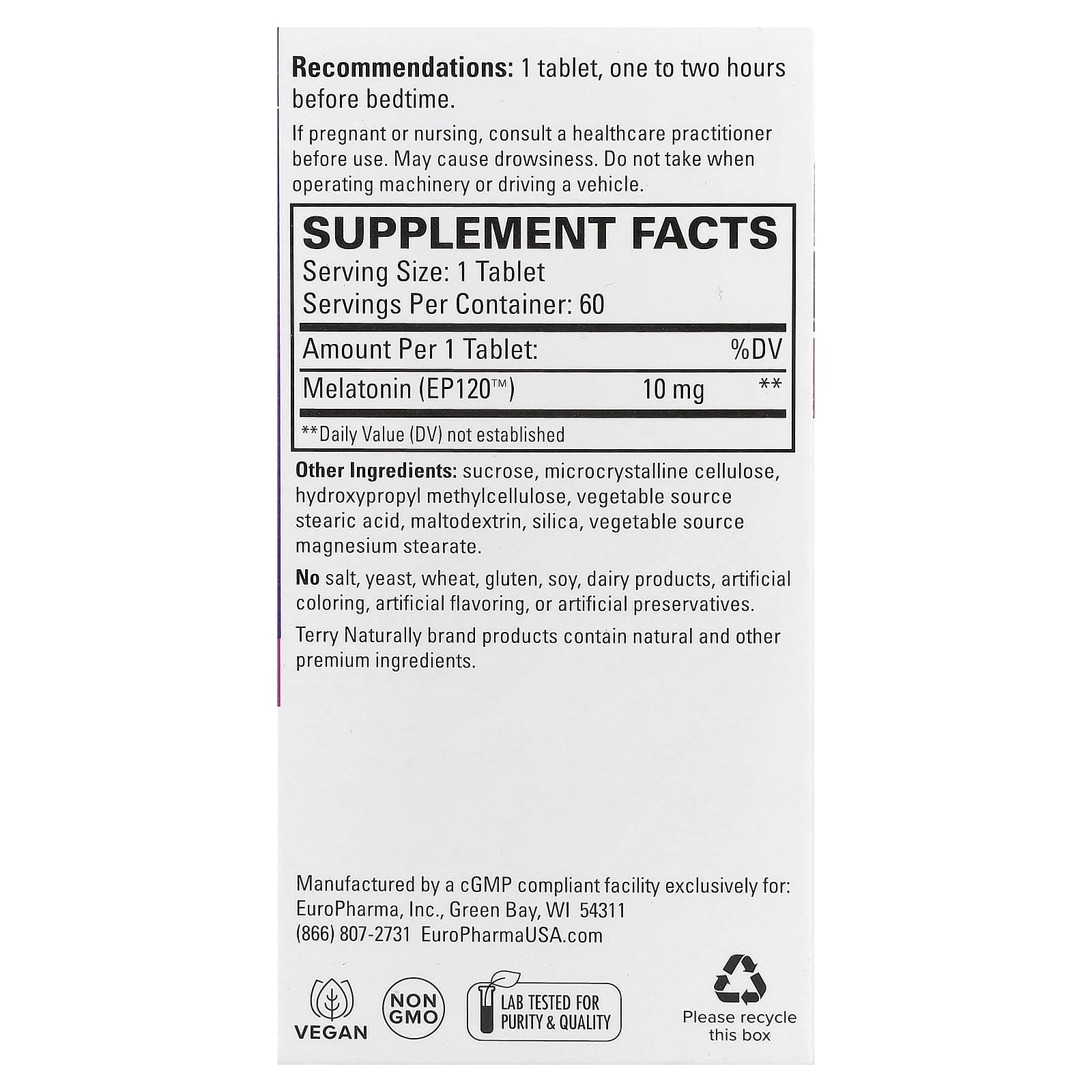 Terry Naturally Melatonin EP120 – 10 mg – 60 comprimés — photo 2 sur 2