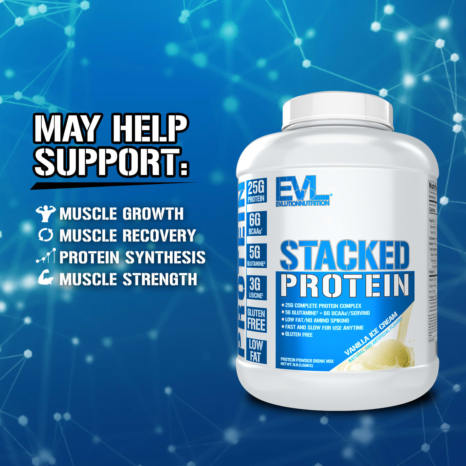 EVLution Nutrition Stacked Protein Powder – Vanilla Ice cream – 2268 kg — étiquette 1