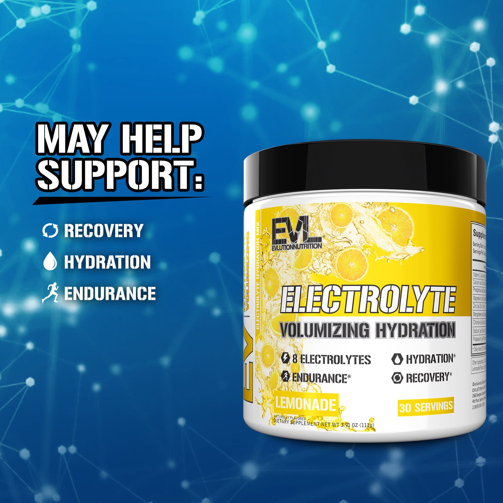 EVLution Nutrition Electrolyte Volumizing Hydration – Lemonade – 111 g — étiquette 1