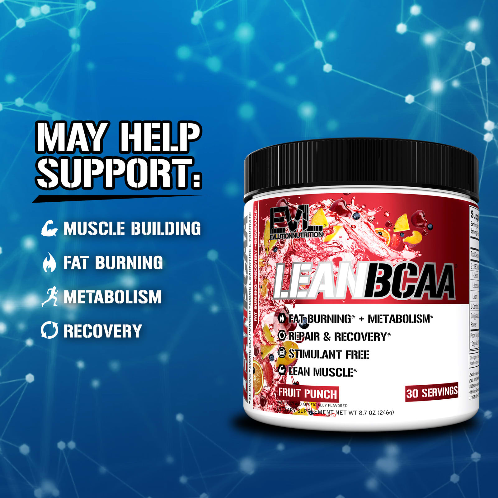 EVLution Nutrition Lean BCAA – Fruit Punch – 246 g — étiquette 1