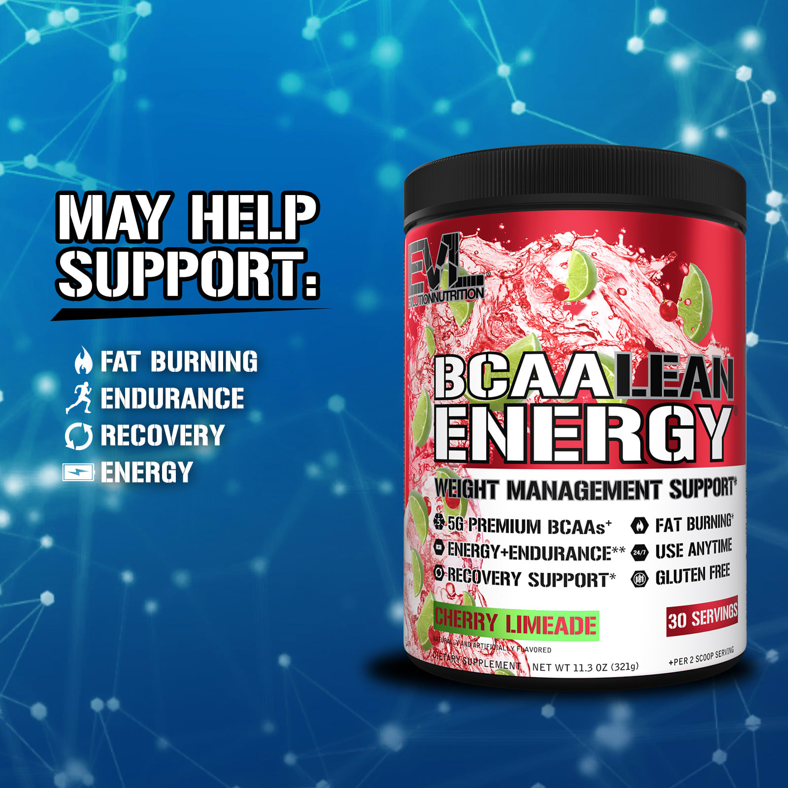 EVLution Nutrition BCAA Lean Energy – Cherry Limeade – 321 g — étiquette 1