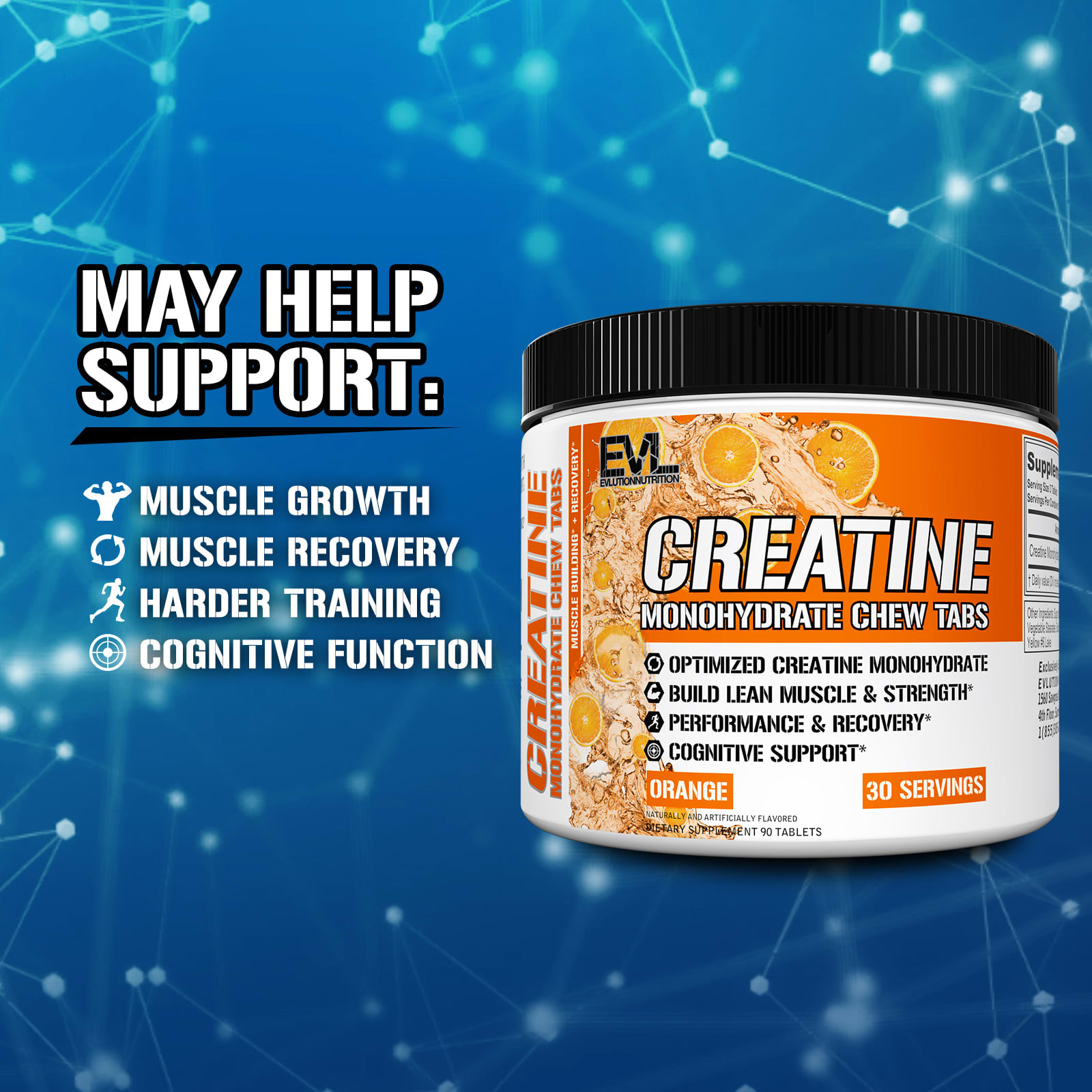 EVLution Nutrition Creatine Monohydrate Chew Tabs – Orange – 90 comprimés — étiquette 1