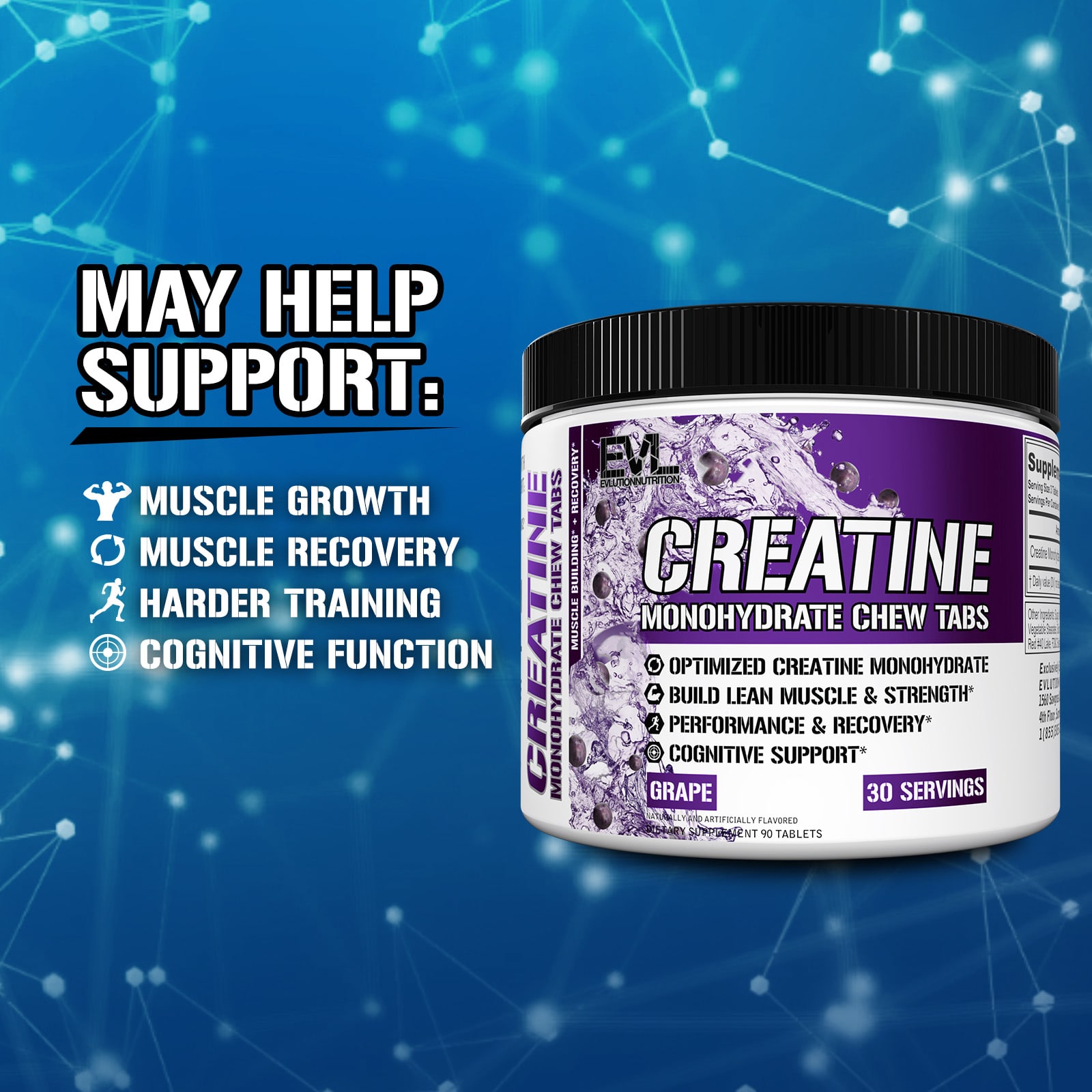 EVLution Nutrition Creatine Monohydrate Chew Tabs – Grape – 90 comprimés — étiquette 1