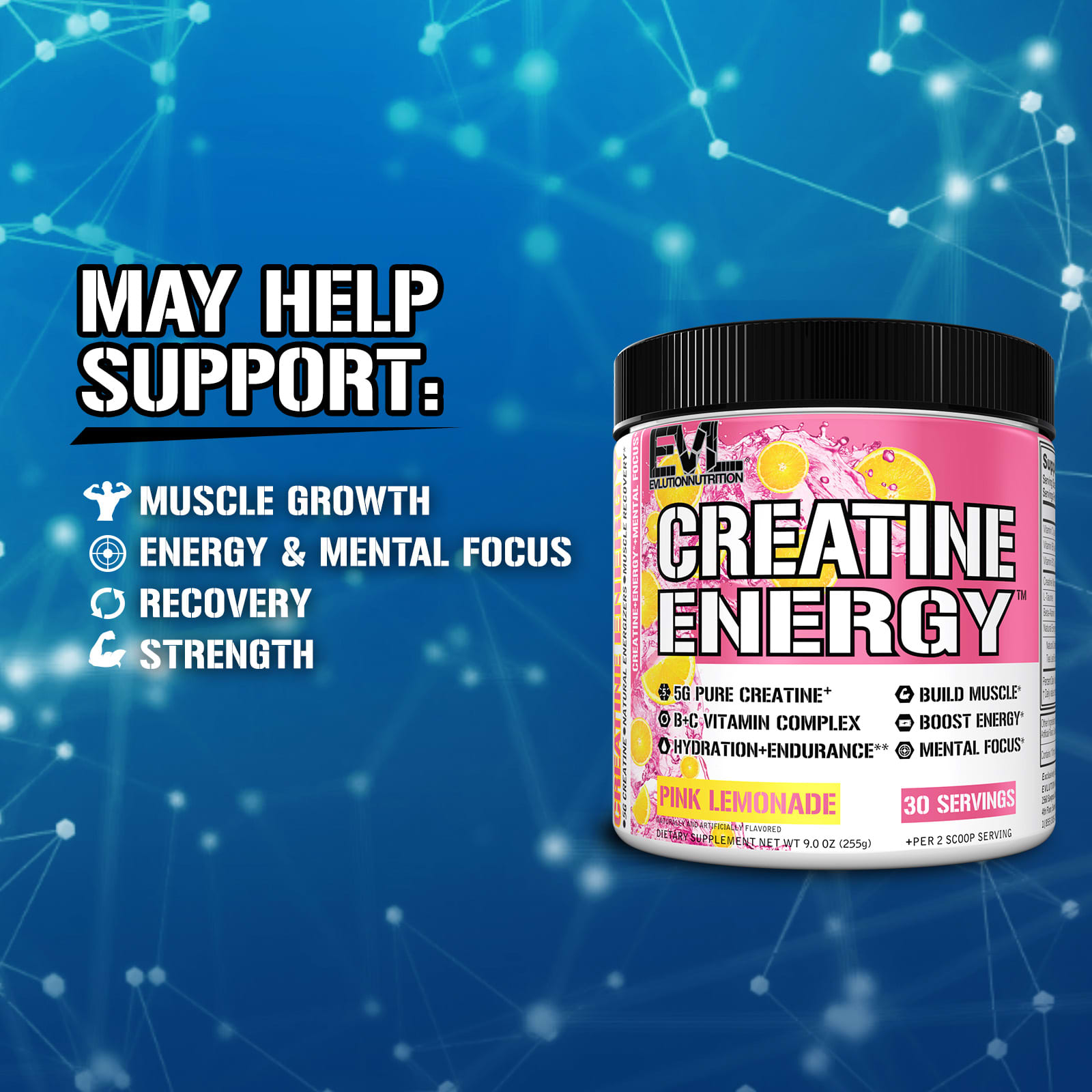 EVLution Nutrition Creatine Energy – Pink Lemonade – 225 g — étiquette 1