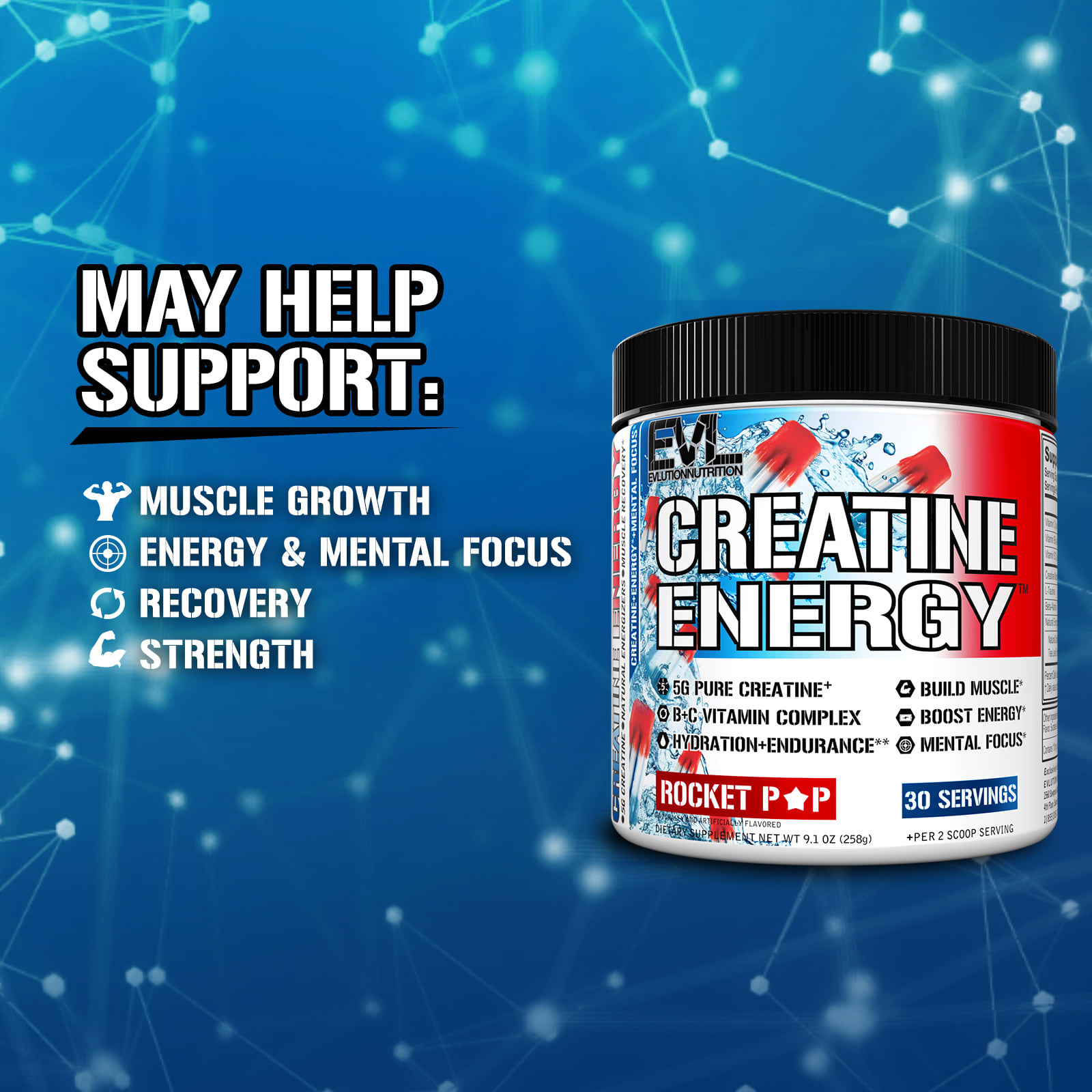 EVLution Nutrition Creatine Energy, Rocket Pop – 258 g — étiquette 1