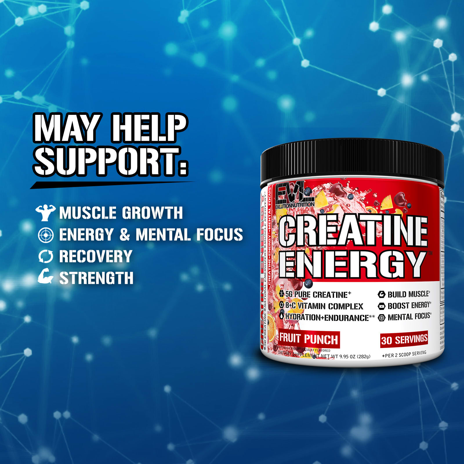 EVLution Nutrition Creatine Energy – Fruit Punch – 282 g — étiquette 1