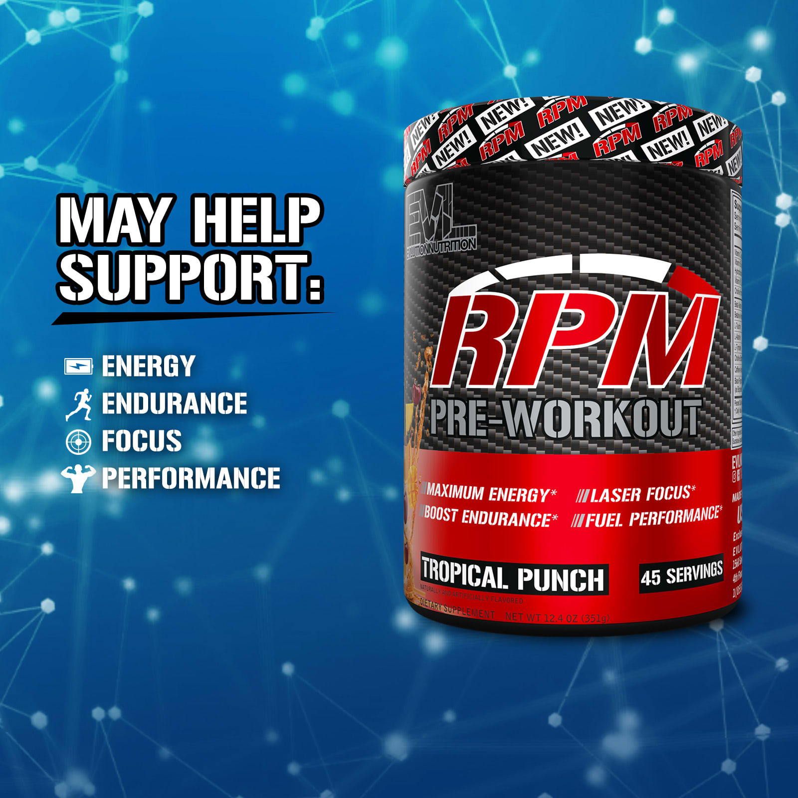 EVLution Nutrition RPM Pre-Workout – Tropical Punch – 351 g — étiquette 1