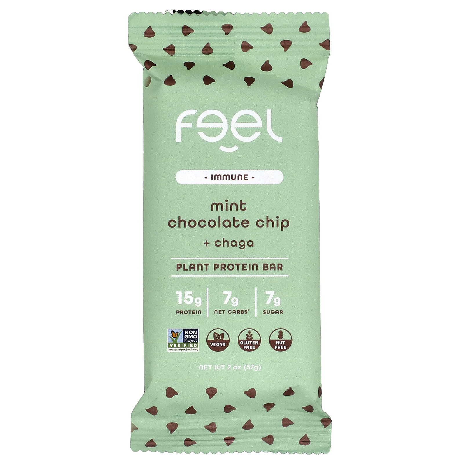 The Feel Bar Immune, Plant Protein Bars – Mint Chocolate Chip + Chaga – 57 g — étiquette 1