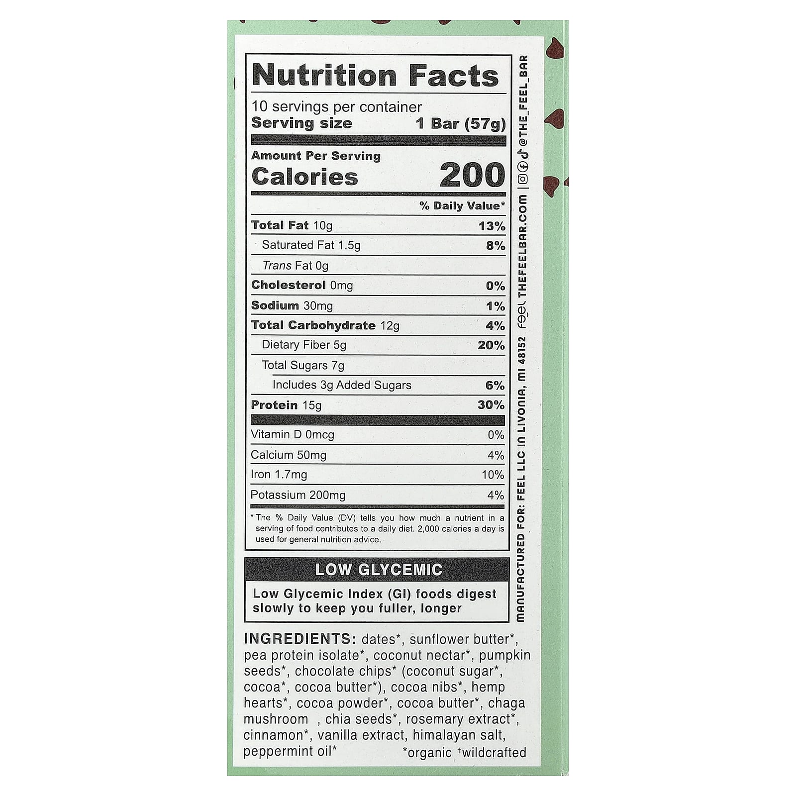 The Feel Bar Immune, Plant Protein Bars – Mint Chocolate Chip + Chaga – 57 g — photo 2 sur 2