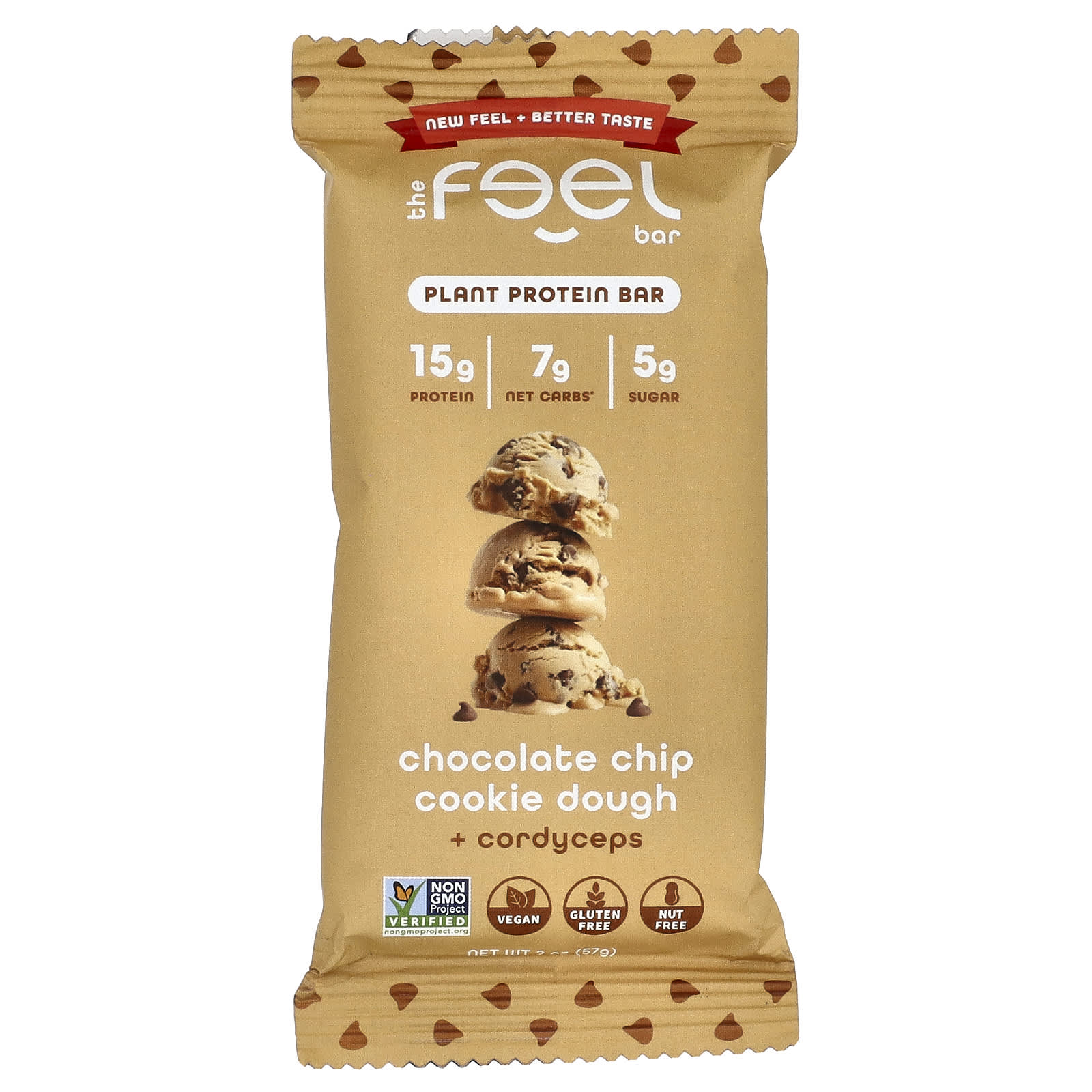 The Feel Bar Plant Protein Bars – Chocolate Chip Cookie Dough + Cordyceps – 57 g — étiquette 1