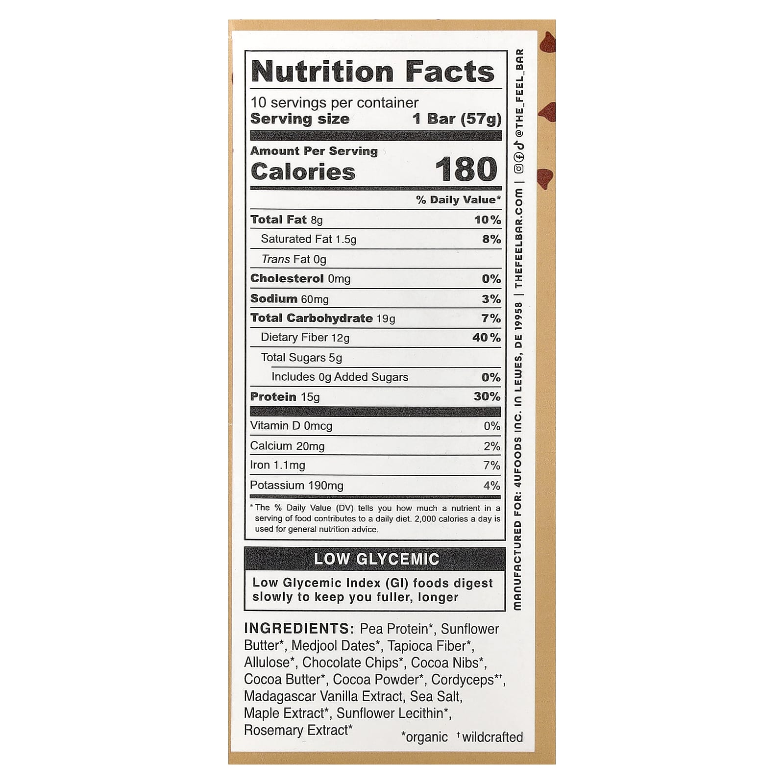 The Feel Bar Plant Protein Bars – Chocolate Chip Cookie Dough + Cordyceps – 57 g — photo 2 sur 2