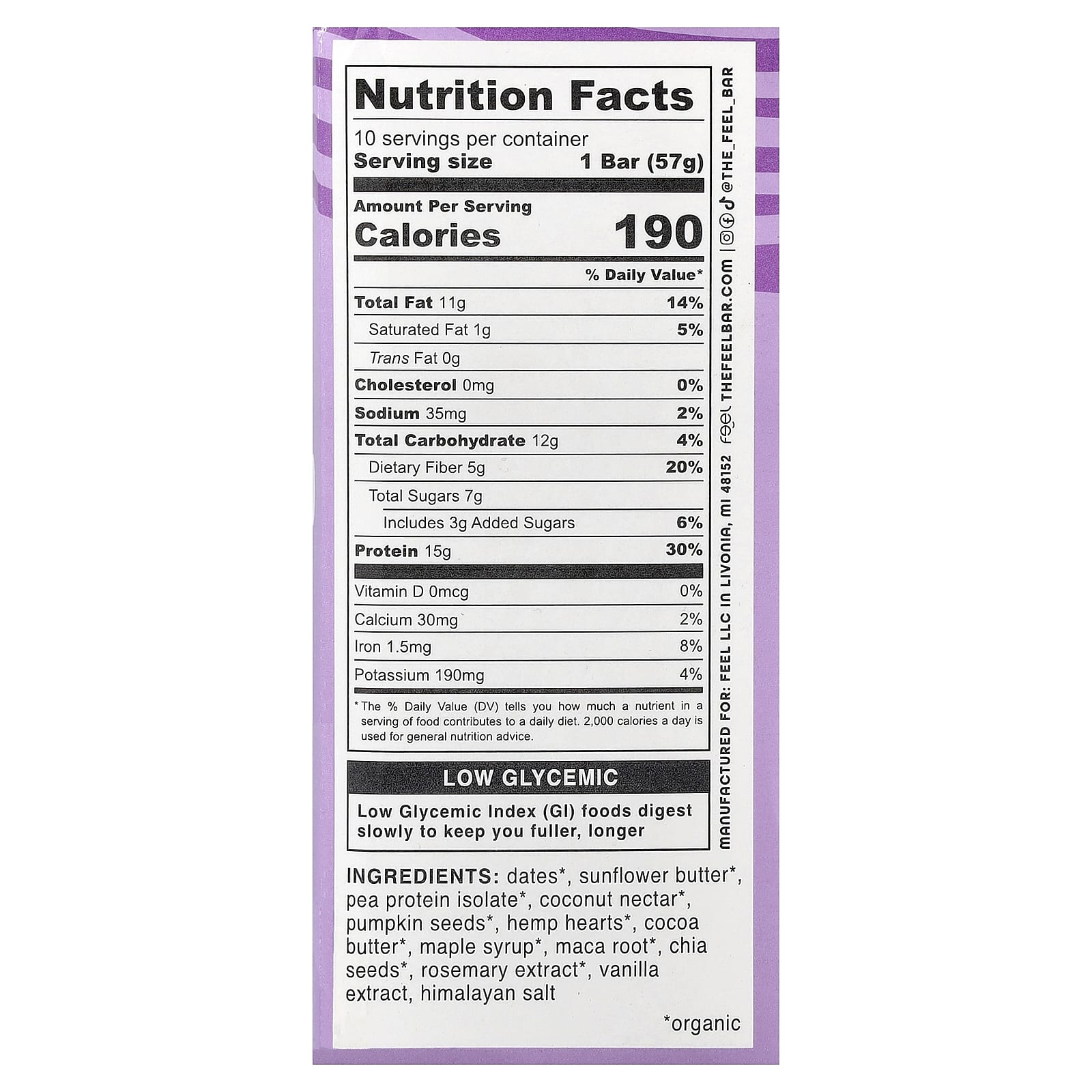 The Feel Bar Balance, Plant Protein Bars – Caramel Sea Salt + Maca Root – 57 g — photo 2 sur 2