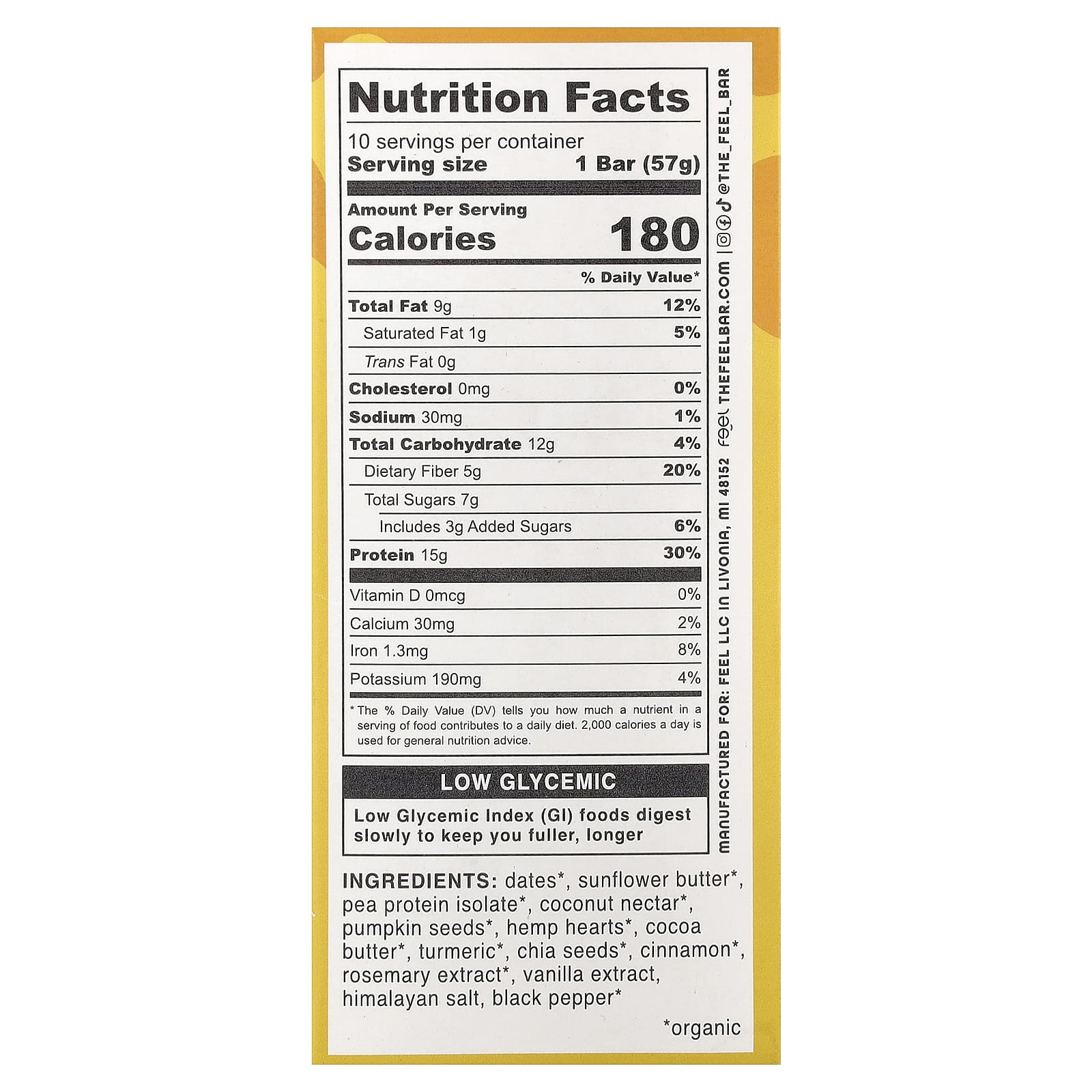 The Feel Bar Immune, Plant Protein Bars, Golden Goodness + Turmeric – 57 g — photo 2 sur 2