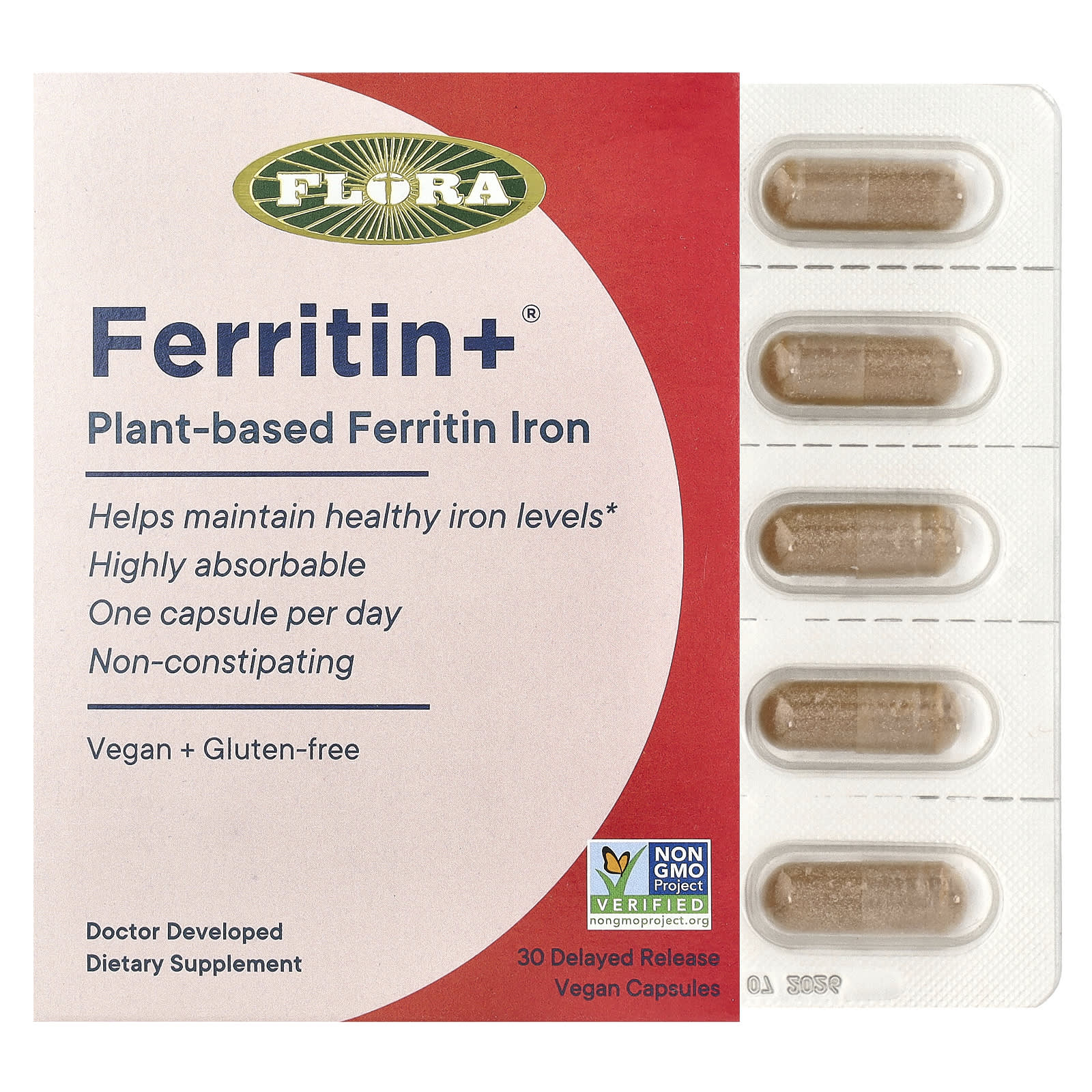 Flora Ferritin+, Plant-Based Ferritin Iron, 30 Delayed Release Vegan Capsules (20 mg per Capsule) — Tunisie