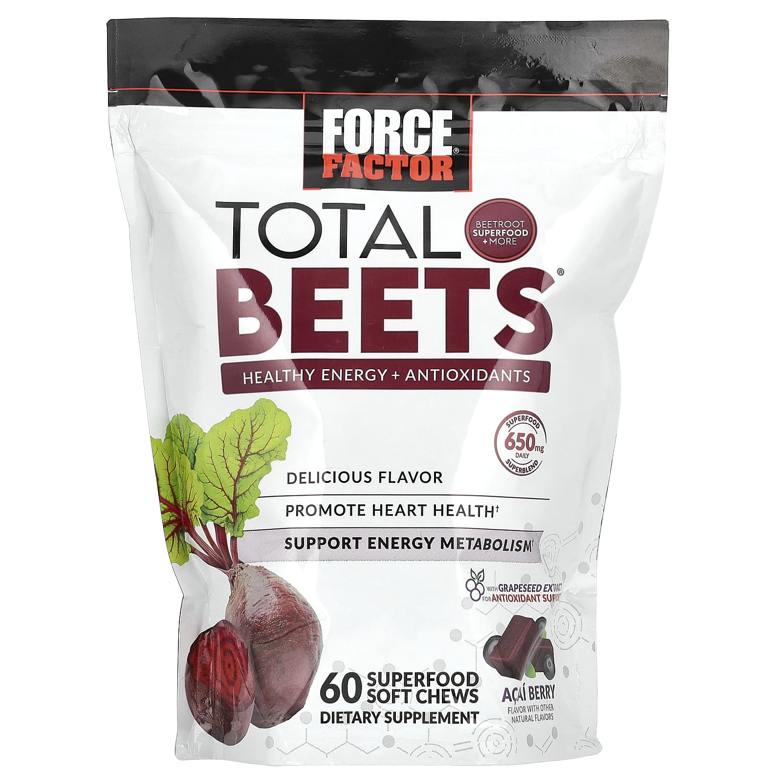 Force Factor Total Beets, Healthy Energy + Antioxidants, 60 Superfood Soft Chews – Acai Berry — Tunisie
