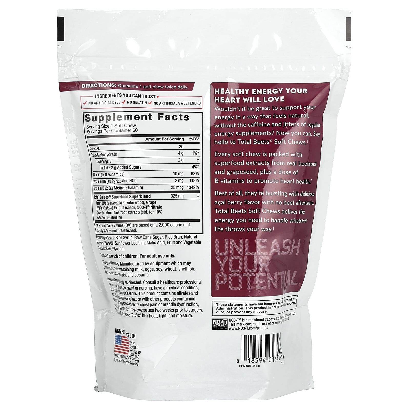 Force Factor Total Beets, Healthy Energy + Antioxidants, 60 Superfood Soft Chews – Acai Berry — photo 2 sur 2