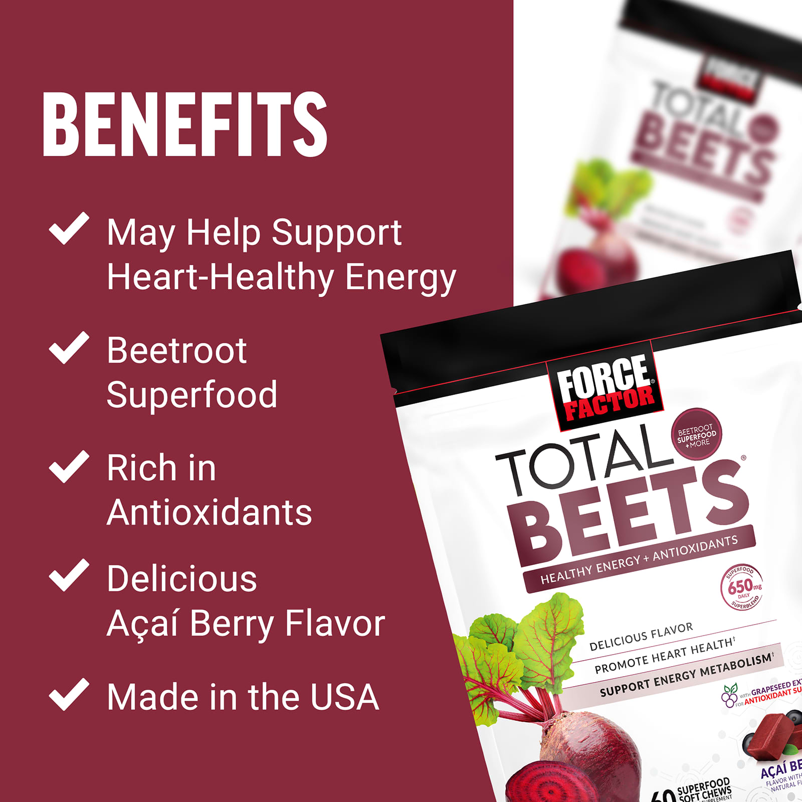 Force Factor Total Beets, Healthy Energy + Antioxidants, 60 Superfood Soft Chews – Acai Berry — étiquette 1