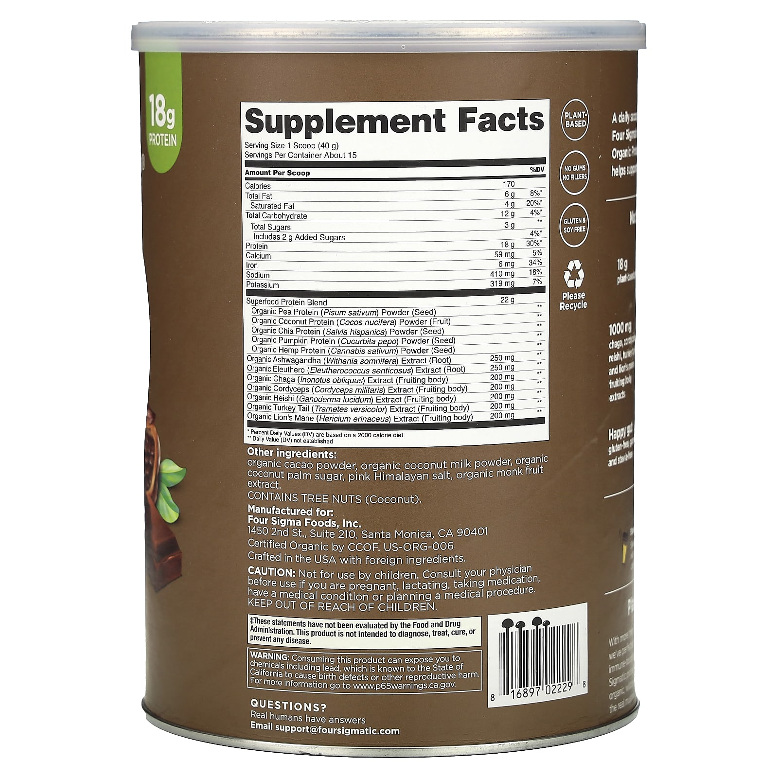 Four Sigmatic Plant-Based Organic Protein with Mushrooms & Adaptogens – Creamy Cacao – 600 g — photo 2 sur 2