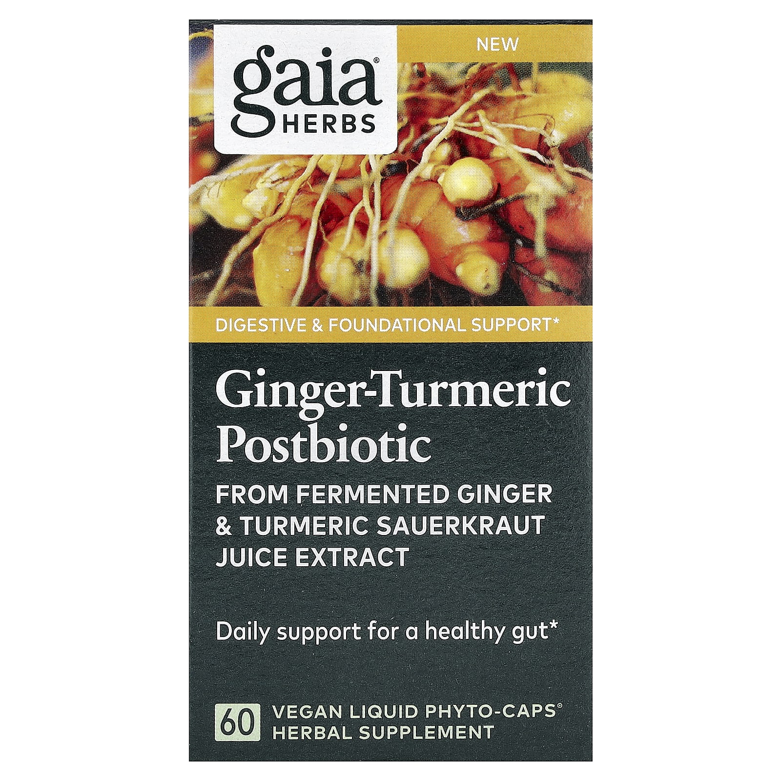 Gaia Herbs Ginger-Turmeric Postbiotic, 60 Vegan Liquid Phyto-Caps (0,6 g per Cap) — Tunisie