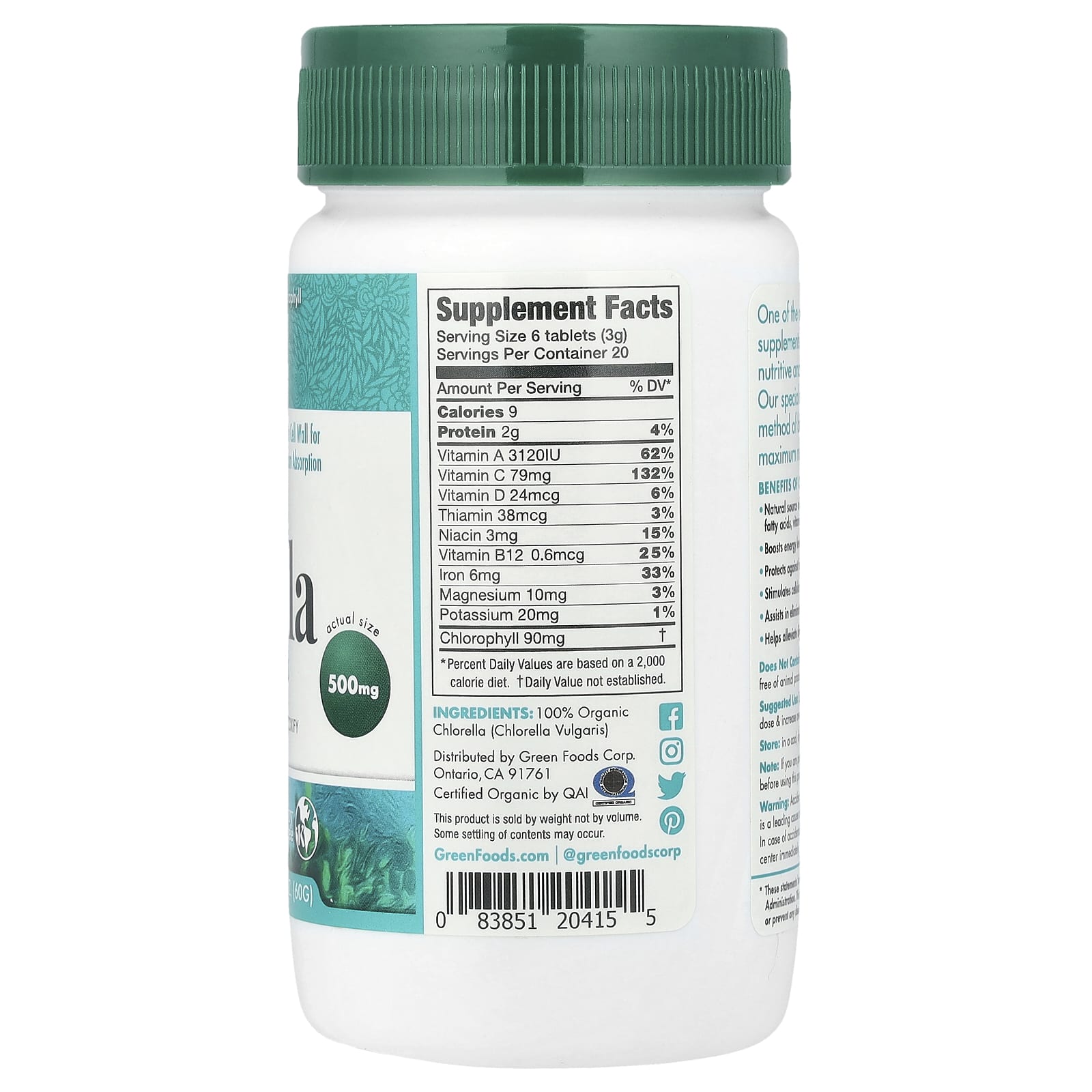 Green Foods Organic Chlorella – 120 comprimés — photo 2 sur 2