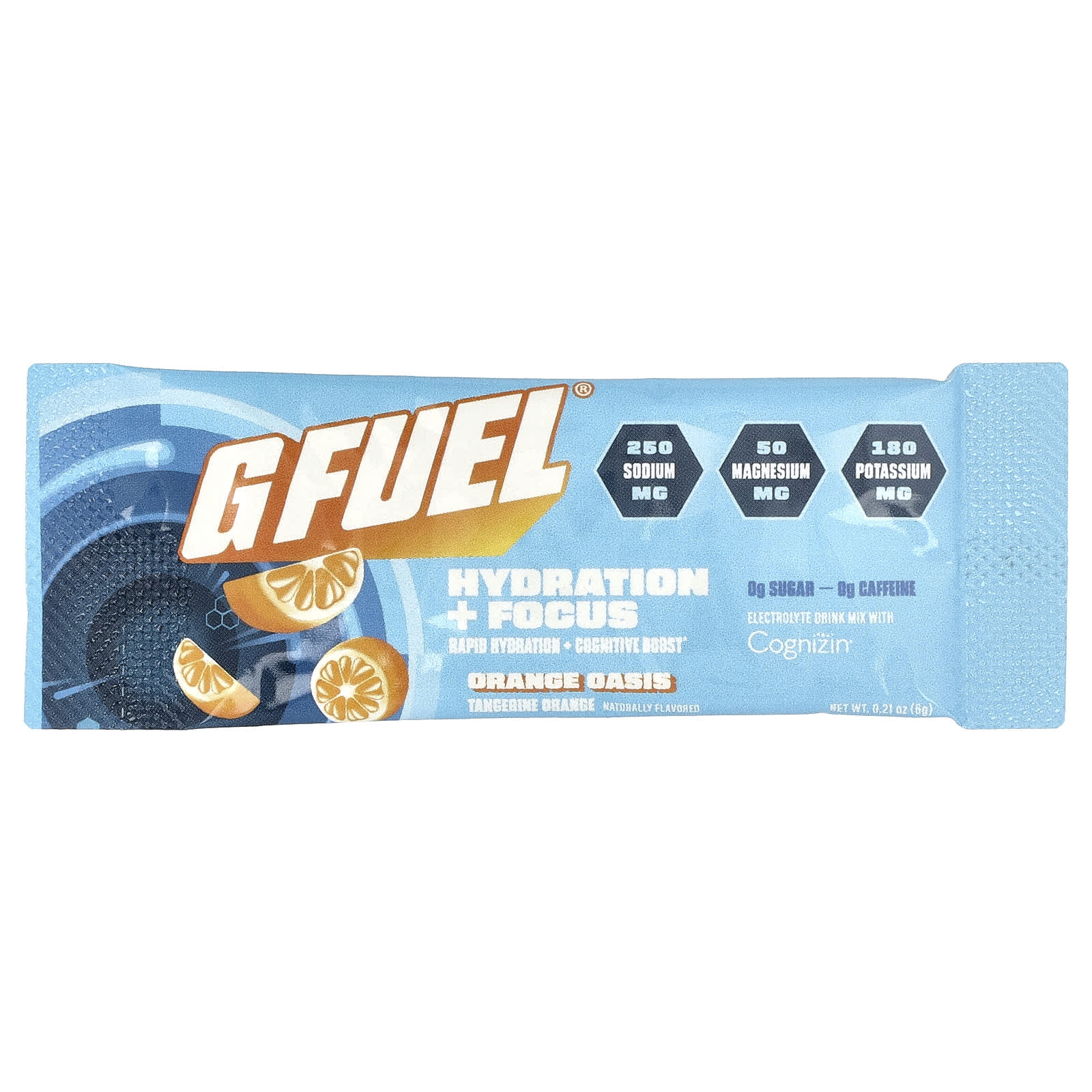 G FUEL Hydration + Focus, Electrolyte Drink Mix with Cognizin – Orange Oasis – 6 g — étiquette 1