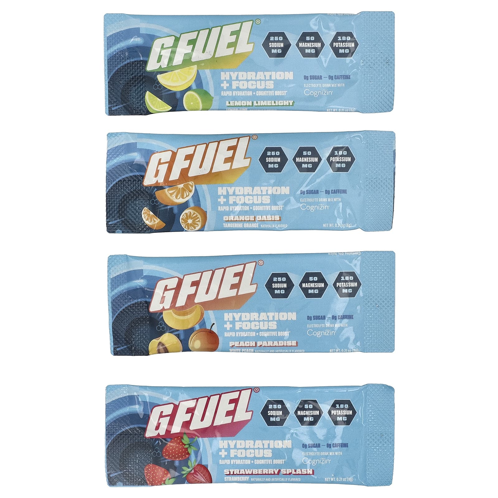 G FUEL Hydration + Focus, Electrolyte Drink Mix with Cognizin, Variety Pack – 6 g — étiquette 1