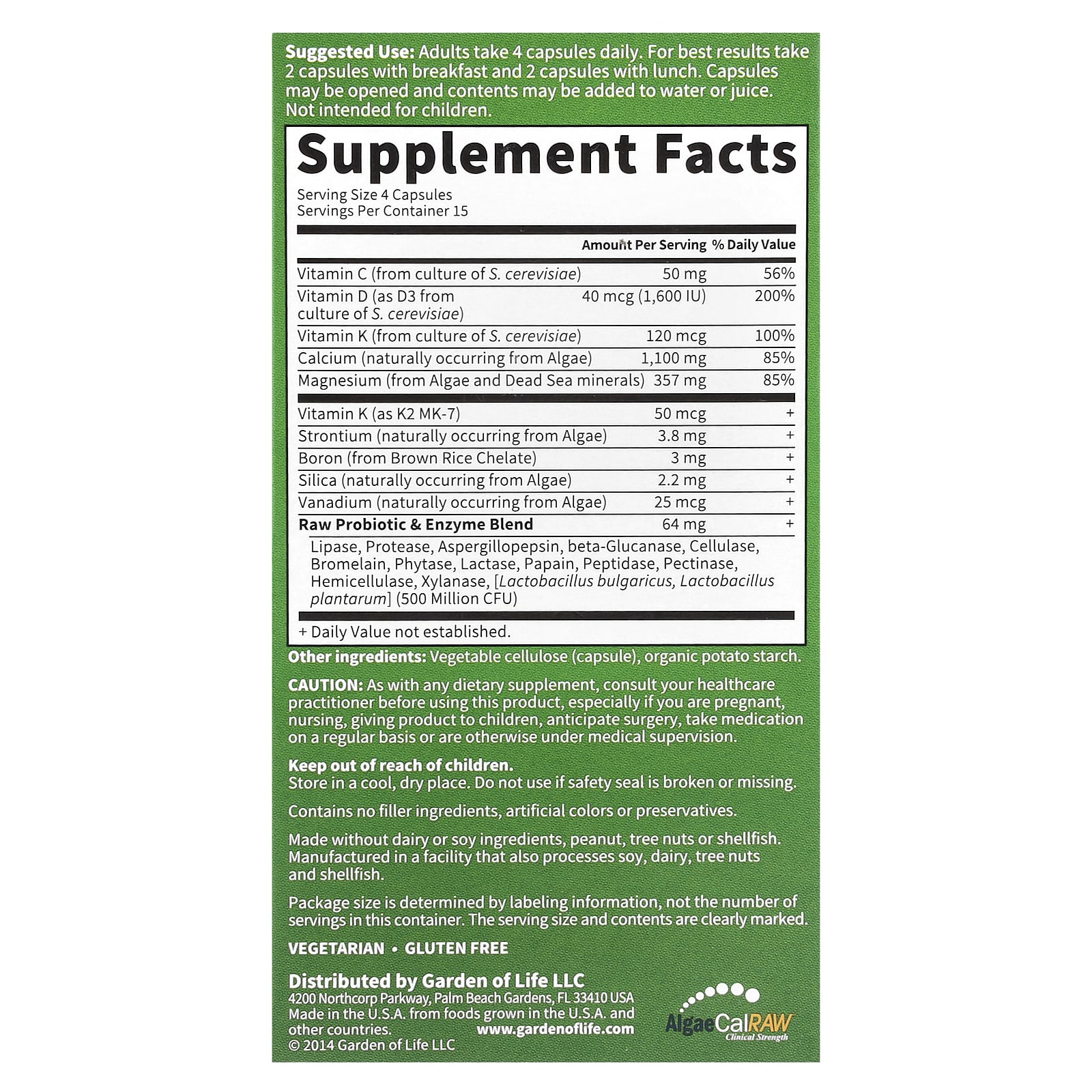 Garden of Life Vitamin Code, RAW Calcium – 60 gélules végétales — photo 2 sur 2