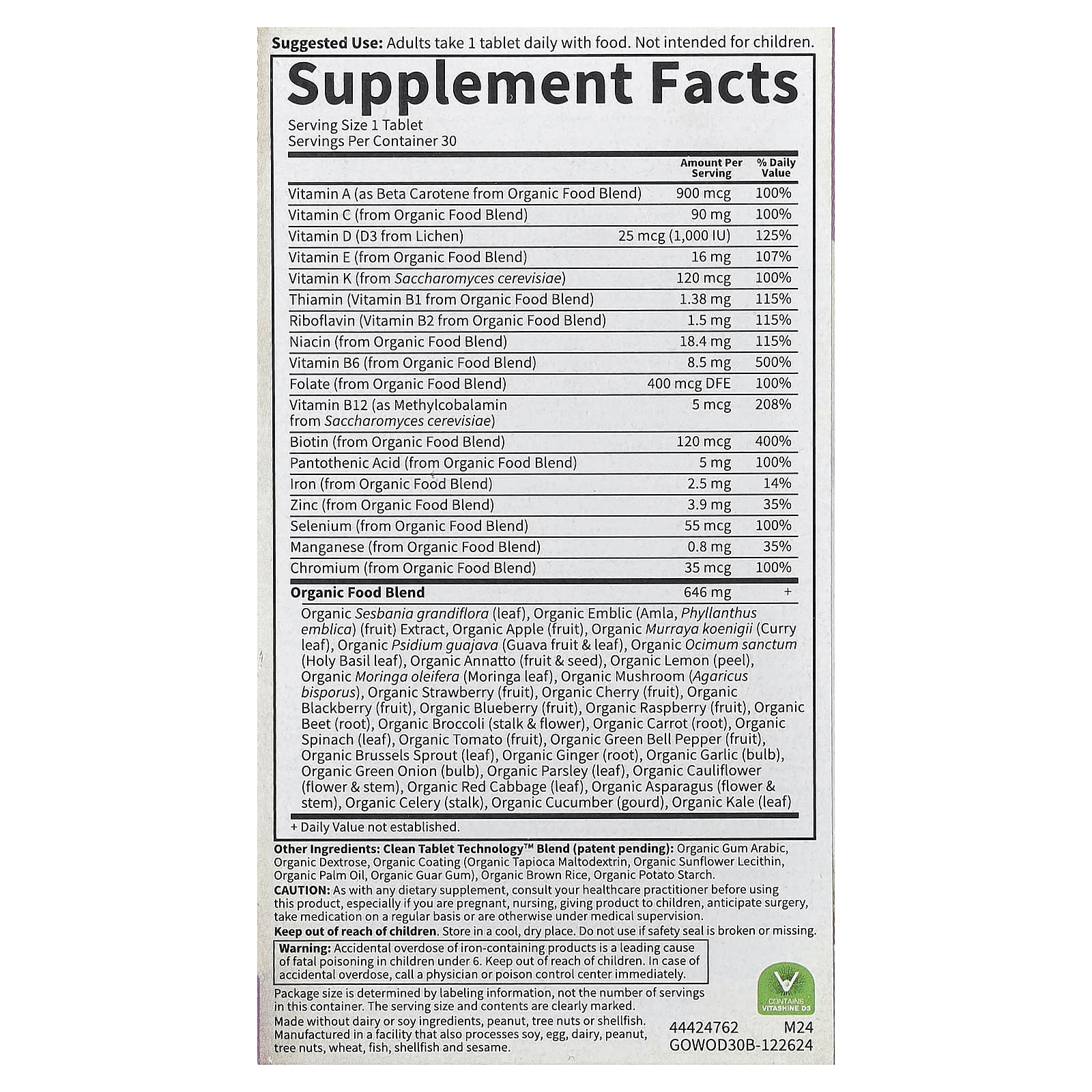 Garden of Life Organics, Women's Once Daily, Whole Food Multivitamin, 30 Vegan Tablets — photo 2 sur 2