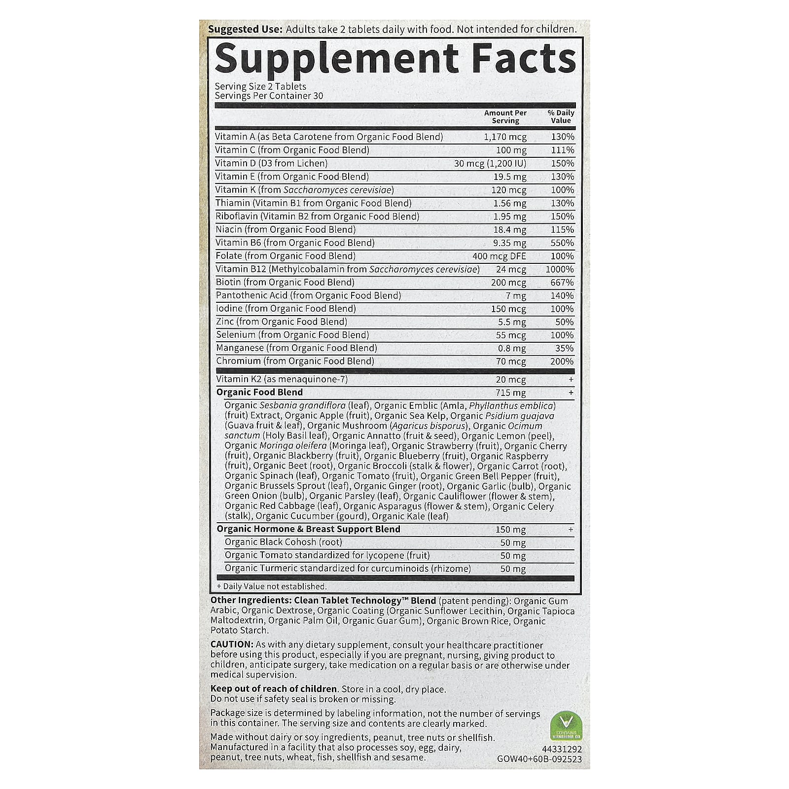 Garden of Life Organics, Women's Multi 40+, 60 Vegan Tablets — photo 2 sur 2
