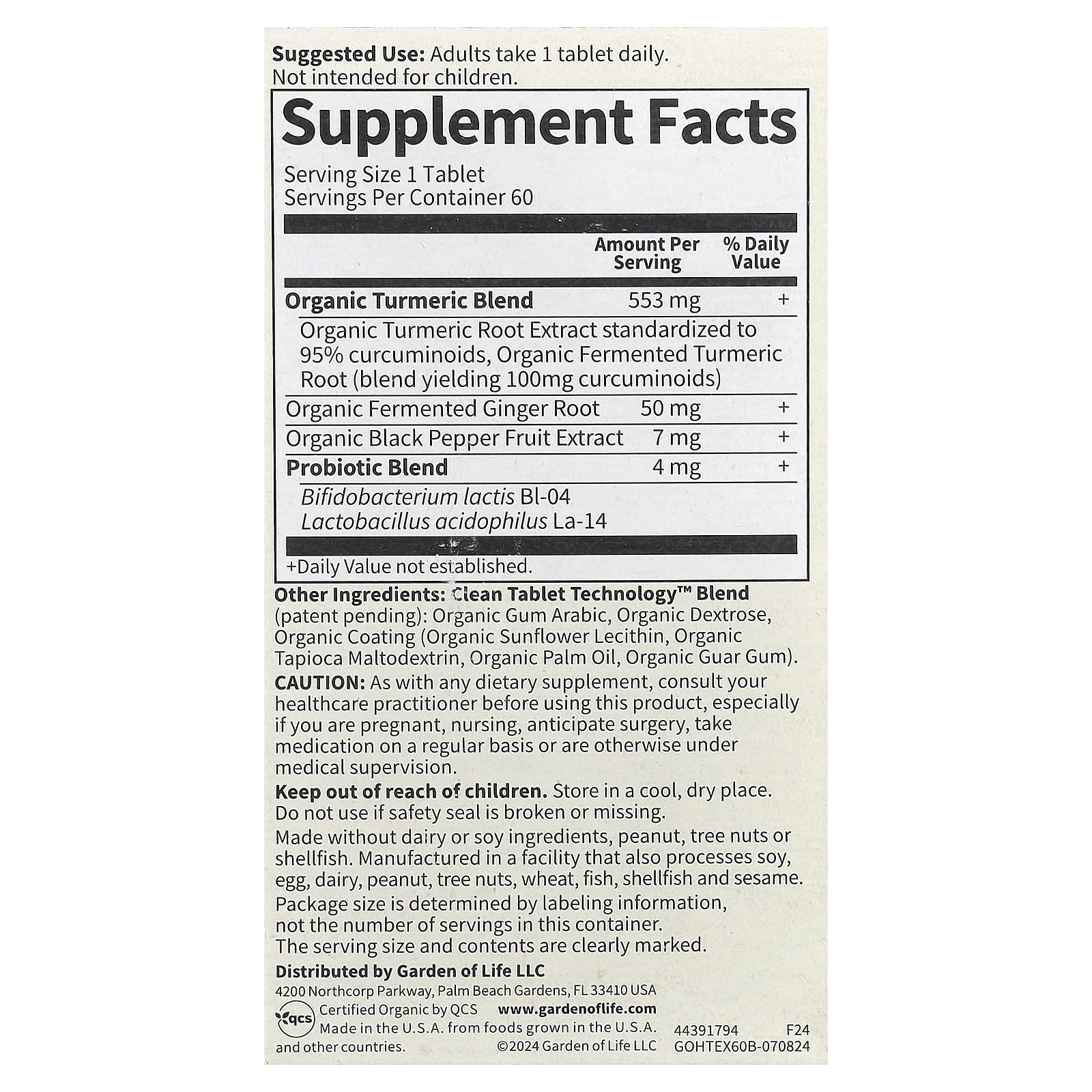 Garden of Life Organics, Turmeric, Inflammatory Response, 60 Vegan Tablets — photo 2 sur 2