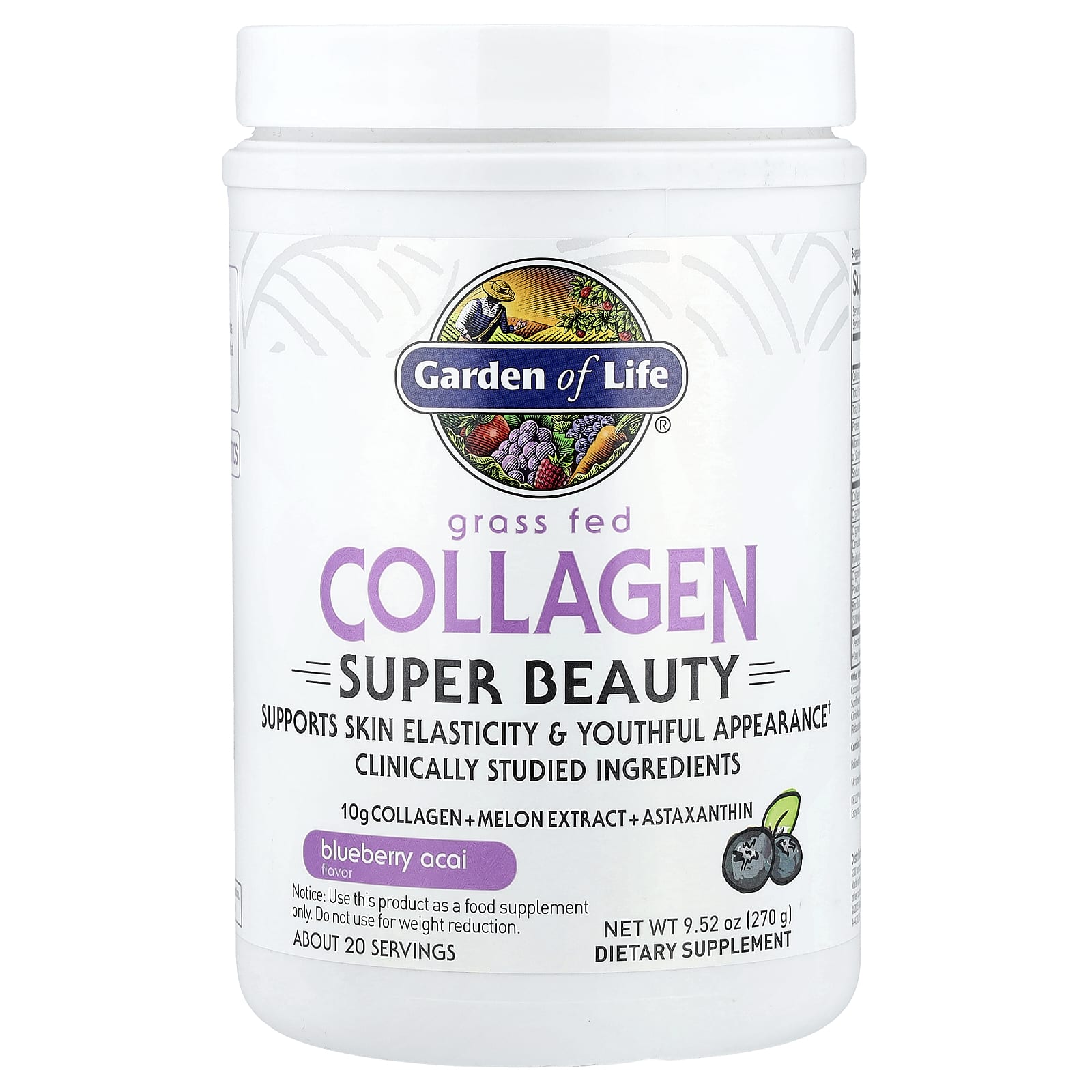 Garden of Life Grass Fed Collagen, Super Beauty – Blueberry Acai – 270 g — Tunisie