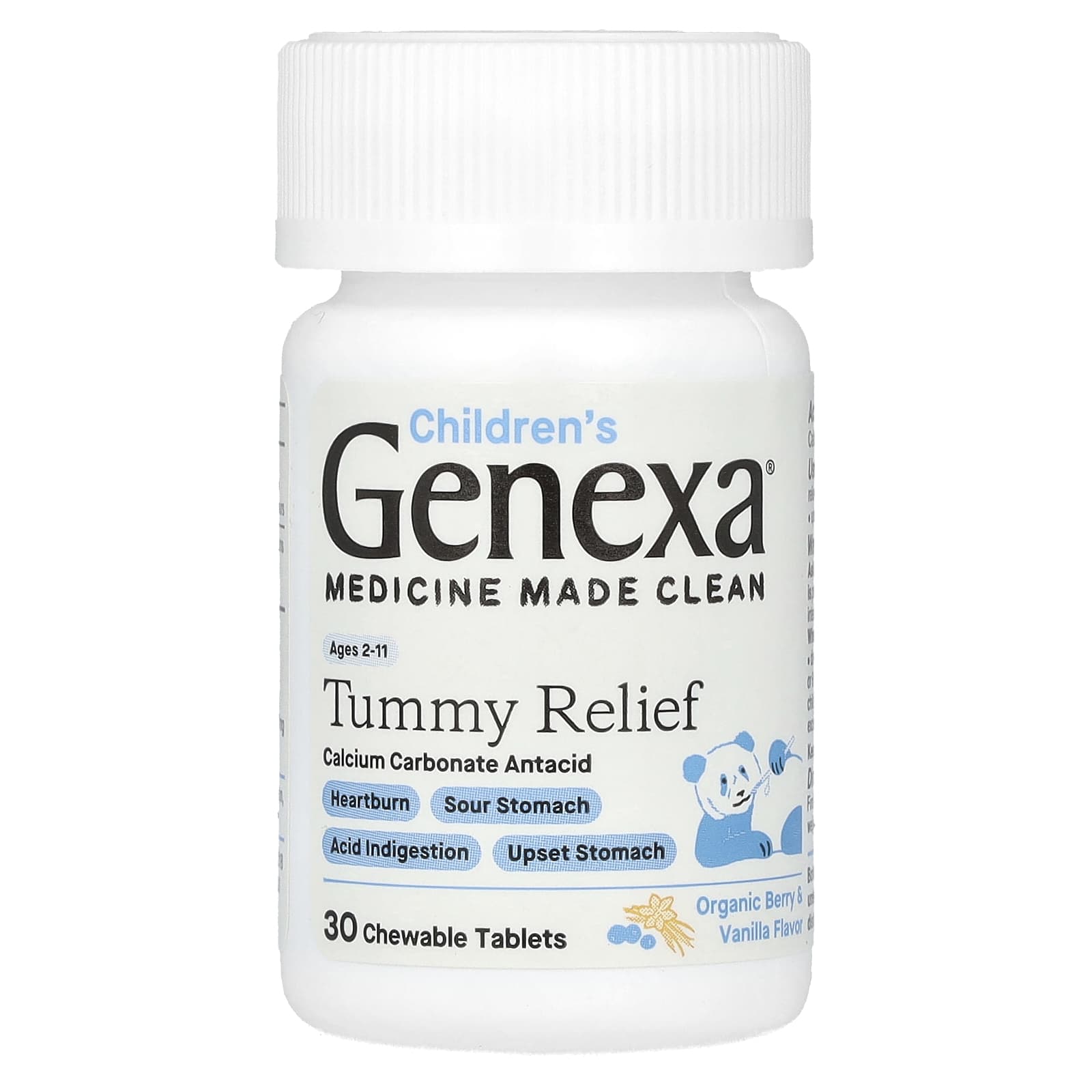 Genexa Children's Tummy Relief, Ages 2-11, 30 Chewable Tablets – Organic Berry & Vanilla — étiquette 1